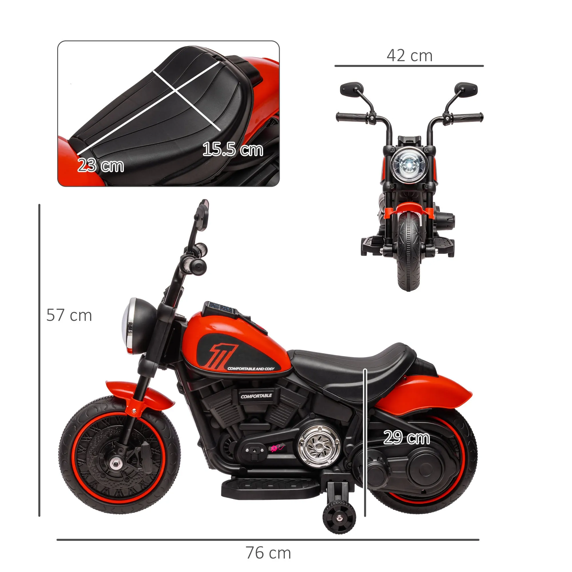 Electric Motorcycle for Children 18-36 Months with Wheels and Light, 76x42x57 cm, Red and Black - Image 3