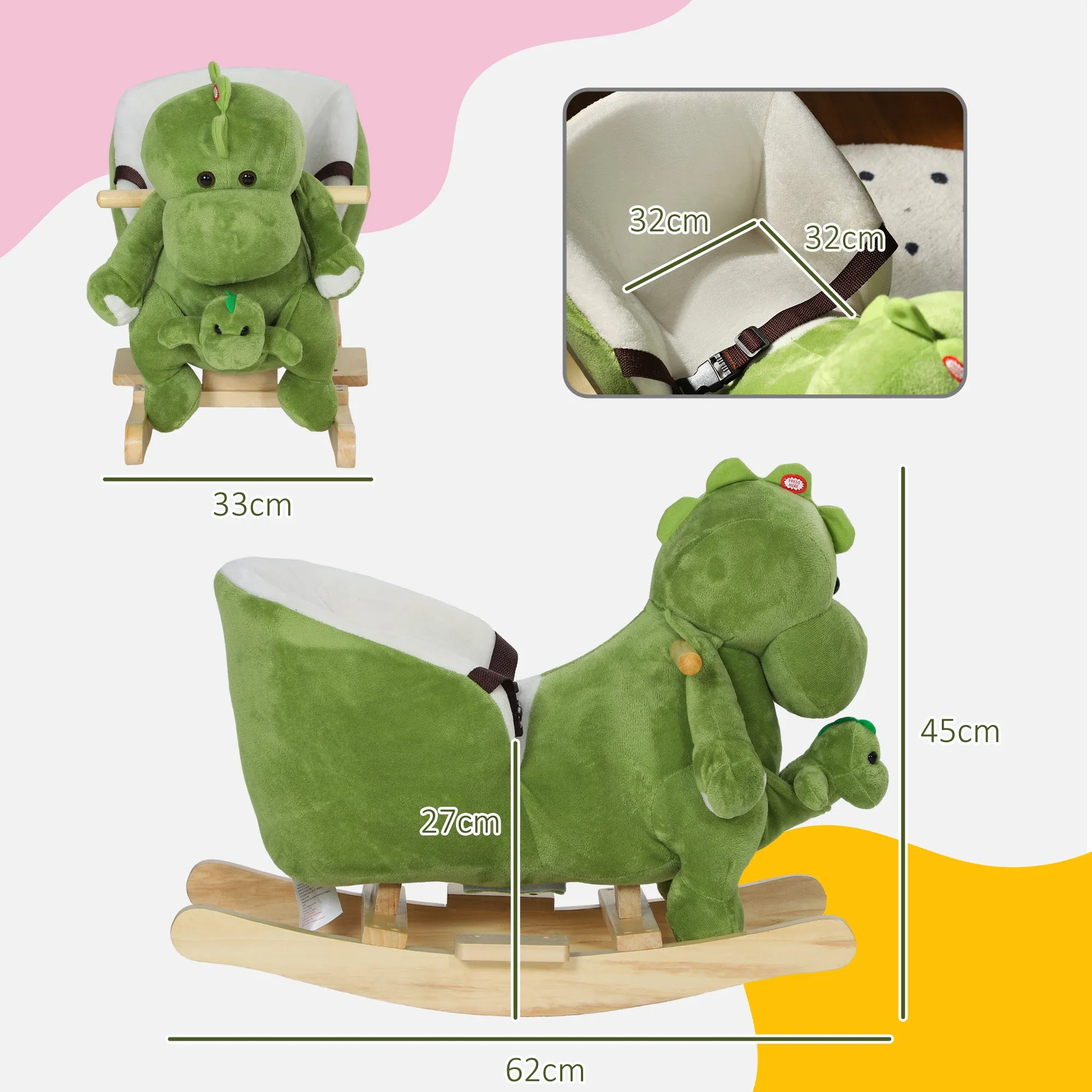 Dinosaur Rocking Horse for Children 18-36 Months with Sounds and Soft Cover, Green - Image 3