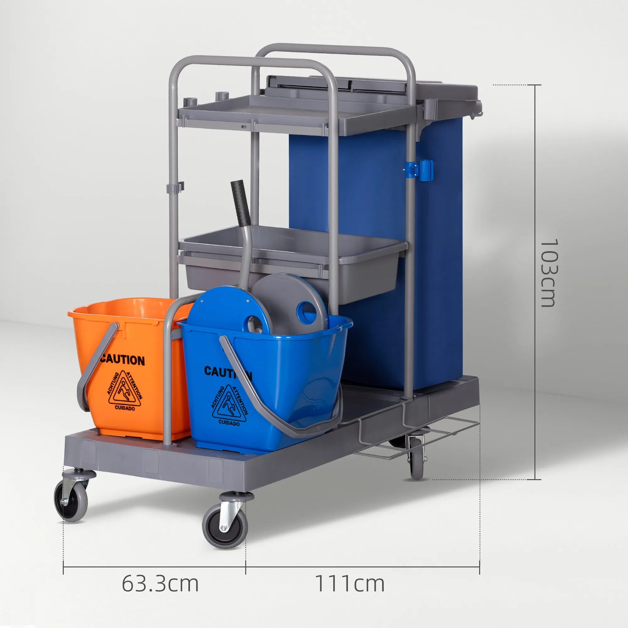 3-Tier Cleaning Trolley with Garbage Bag and Wringer, 111x63.3x103 cm, Grey, Blue and Orange - Image 3