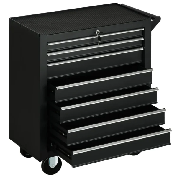 Workshop Trolley with 7 Drawers, Lock with Keys, Wheels and Handle, 69x33x75cm, Black