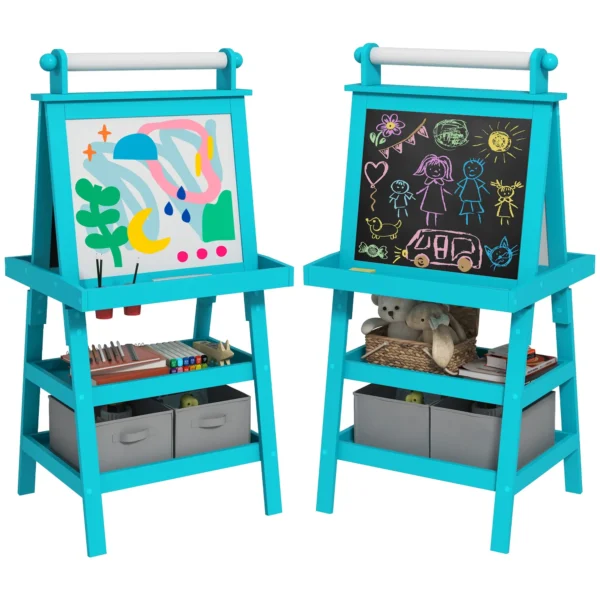 Children's Blackboard with Easel 3 in 1, Paper Roll and 2 Containers, Wooden, 59x48x118 cm, Blue