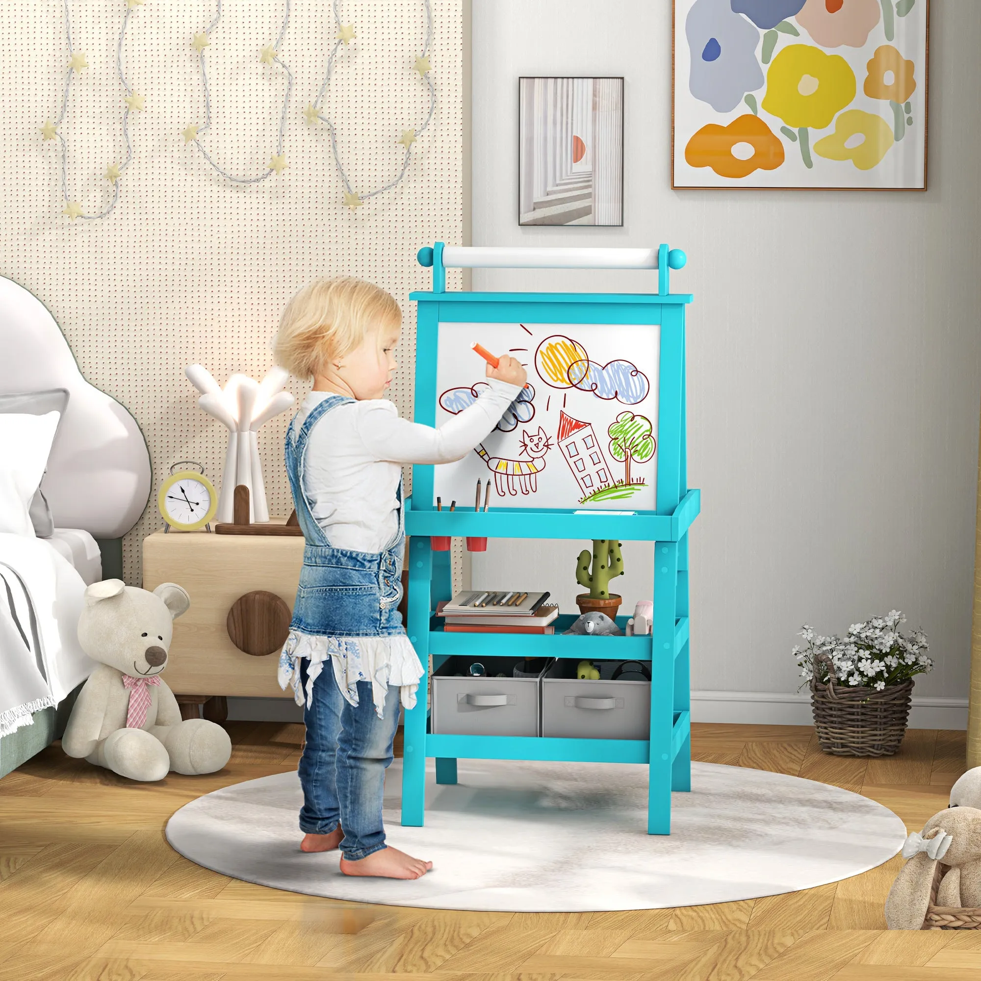 Children's Blackboard with Easel 3 in 1, Paper Roll and 2 Containers, Wooden, 59x48x118 cm, Blue - Image 2
