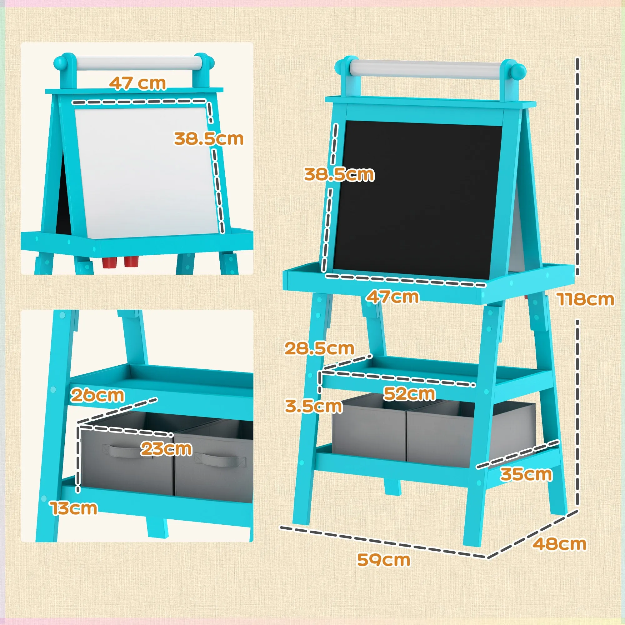 Children's Blackboard with Easel 3 in 1, Paper Roll and 2 Containers, Wooden, 59x48x118 cm, Blue - Image 3