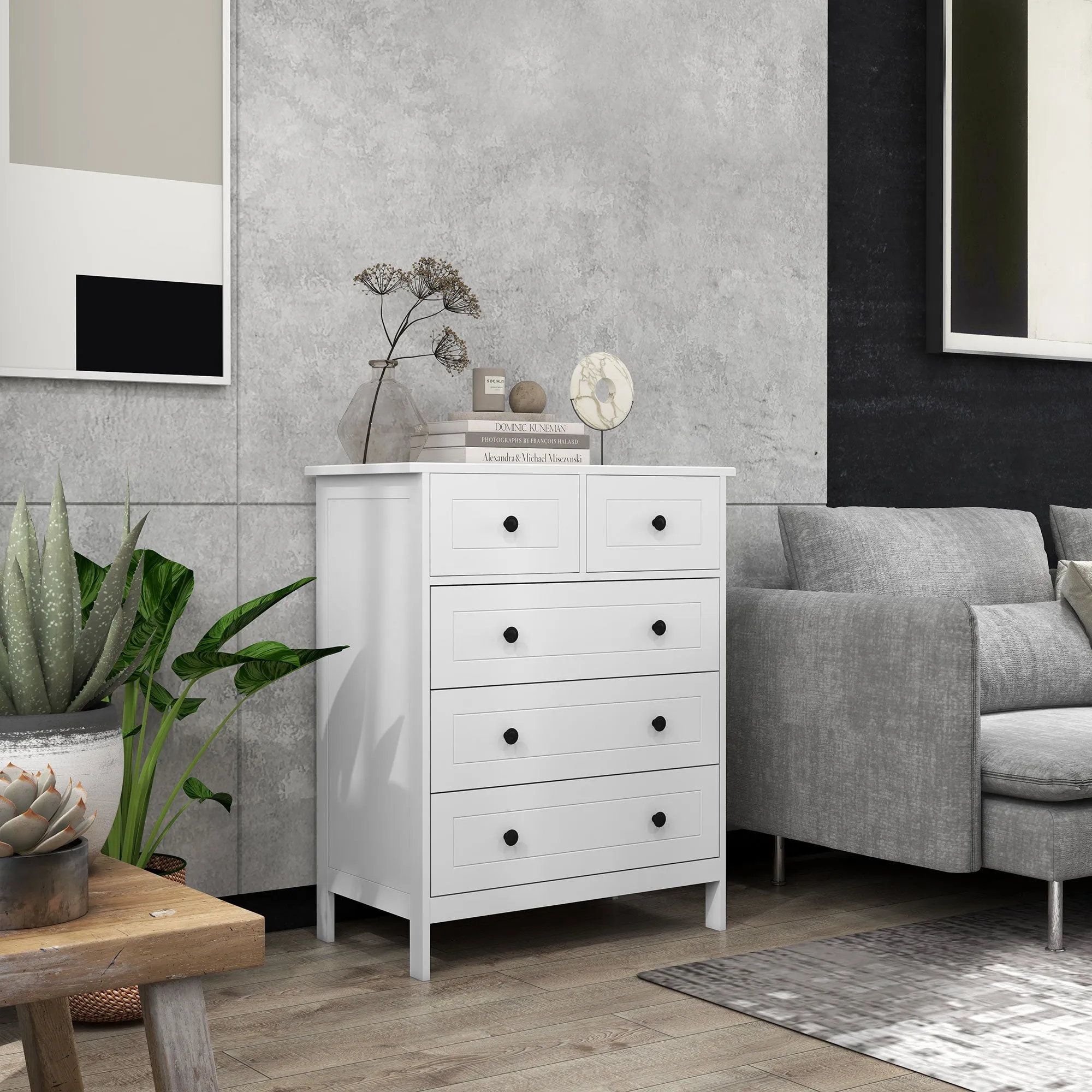 Chest of drawers with 5 space-saving and anti-tipping wooden drawers, 74x40x91cm, White - Image 2