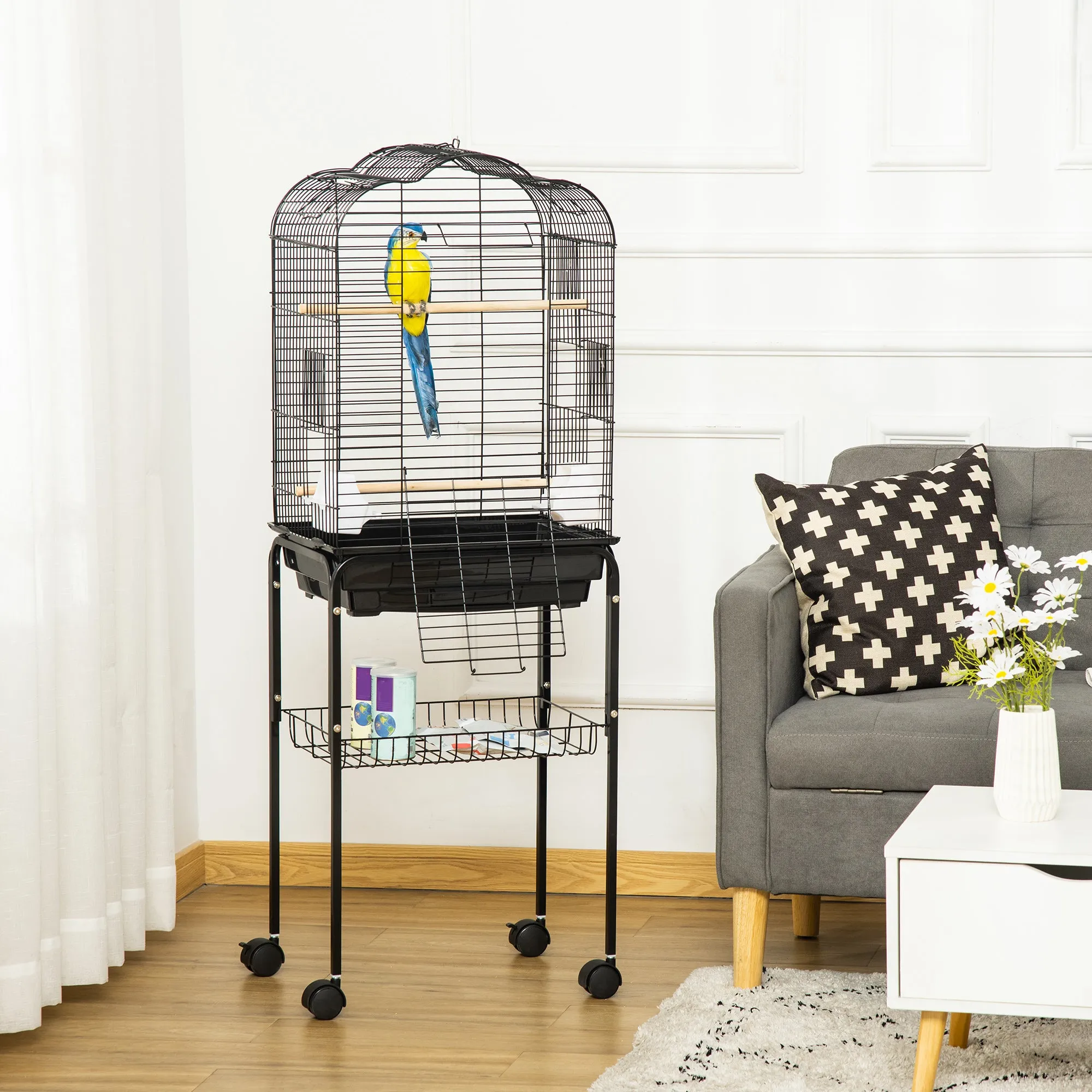 Bird Cage with 3 Perches, 2 Bowls and 2 Side Doors, Made of Steel, PP and Wood, 46x36x130 cm, Black - Image 2
