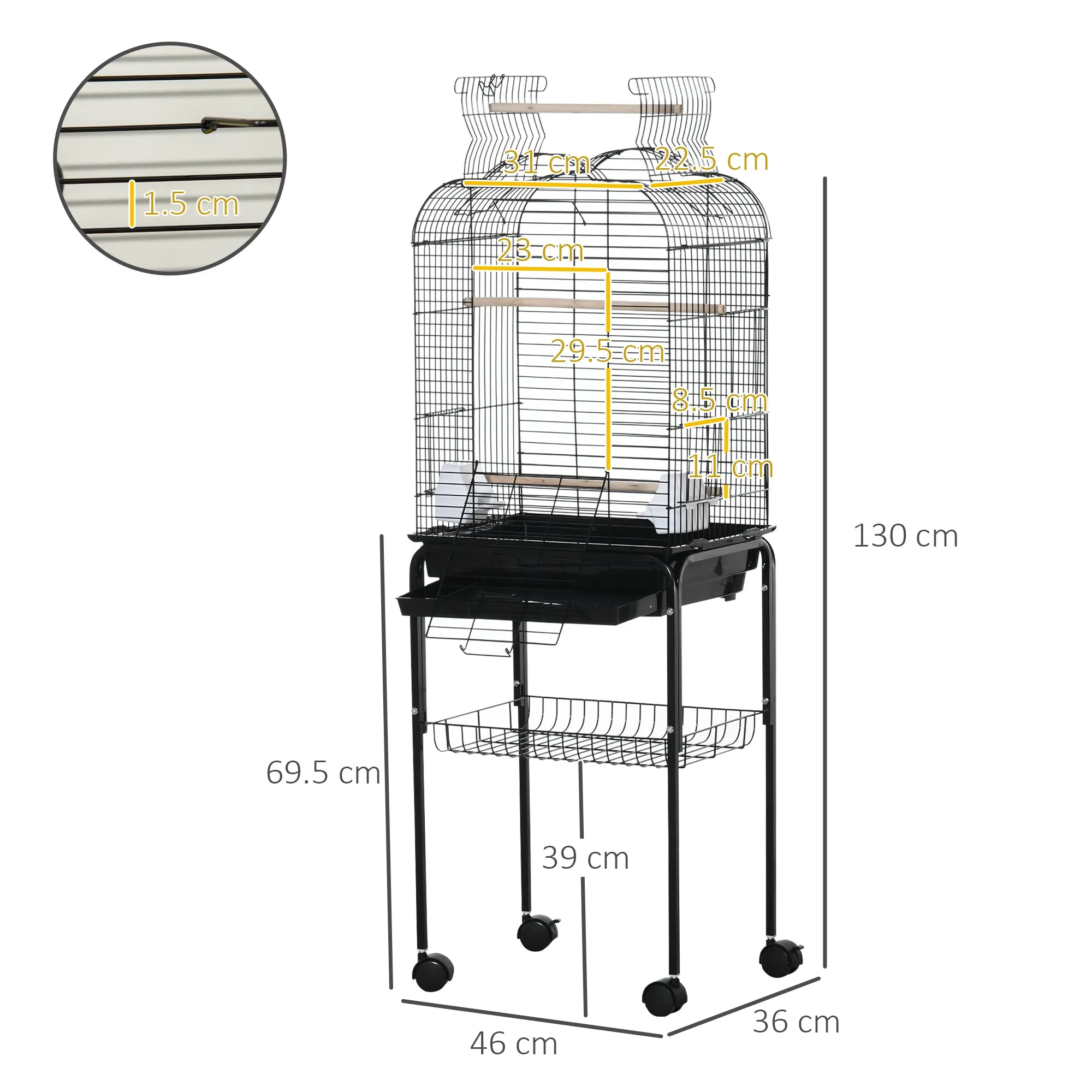Bird Cage with 3 Perches, 2 Bowls and 2 Side Doors, Made of Steel, PP and Wood, 46x36x130 cm, Black - Image 3
