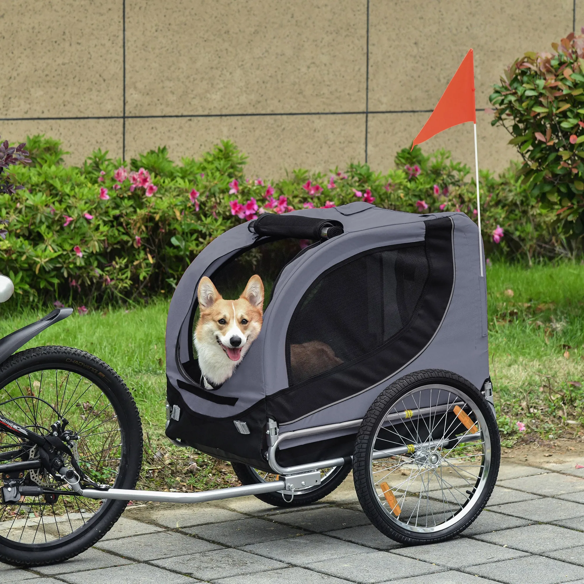 Bike Trailer for Medium Dogs with Side Windows and Flag, 130x73x90 cm, Grey and Black - Image 2