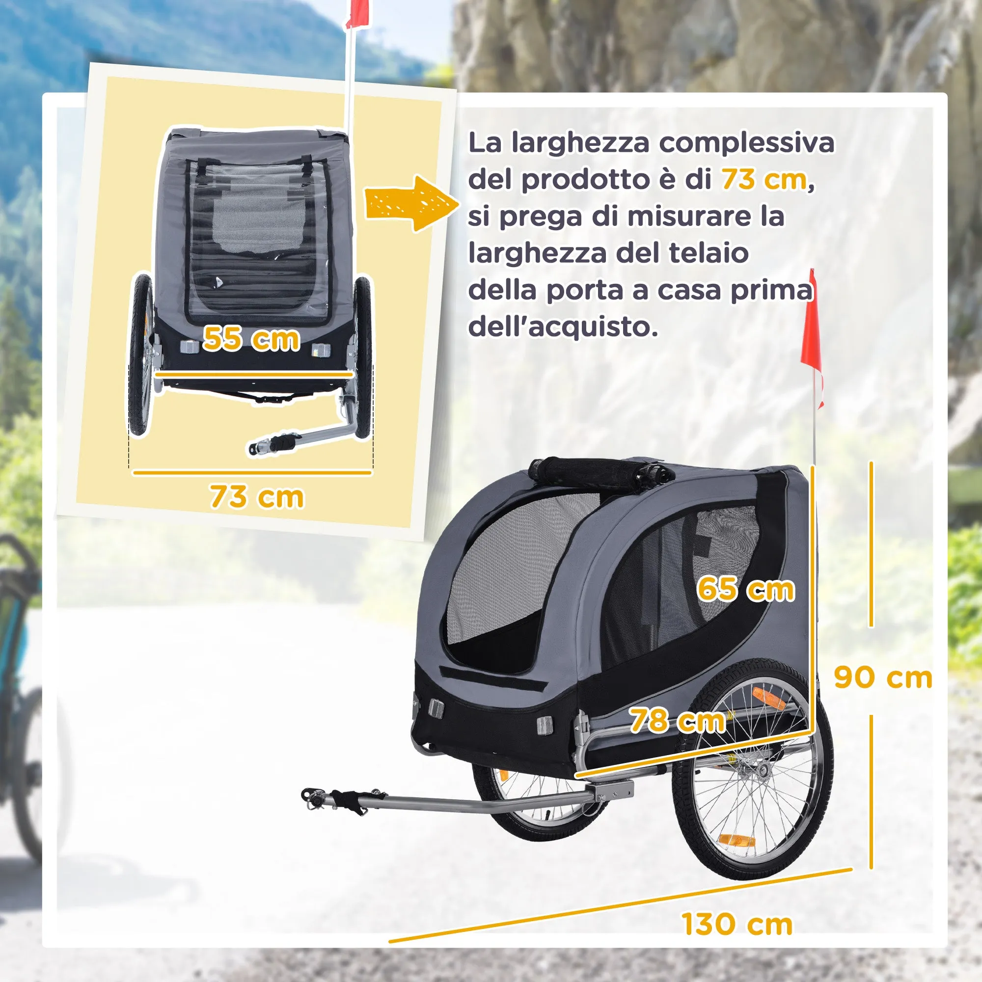 Bike Trailer for Medium Dogs with Side Windows and Flag, 130x73x90 cm, Grey and Black - Image 3