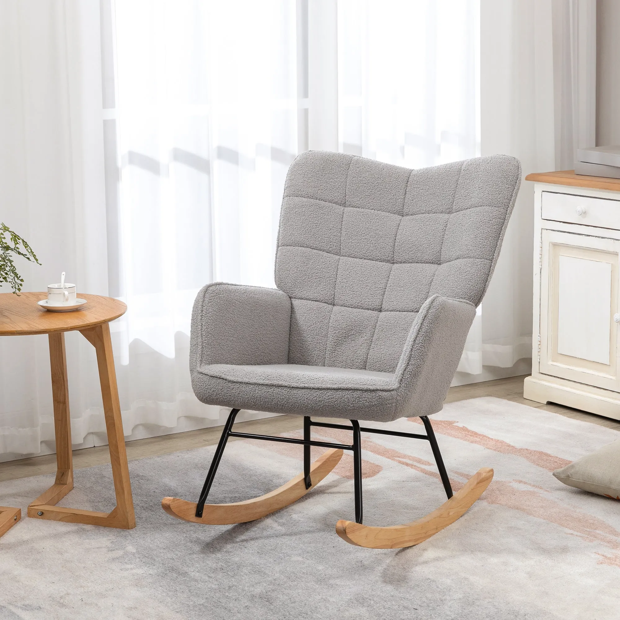 Upholstered Rocking Chair in Wood and Steel with Bouclé Upholstery, 71x98x101 cm, Grey - Image 2