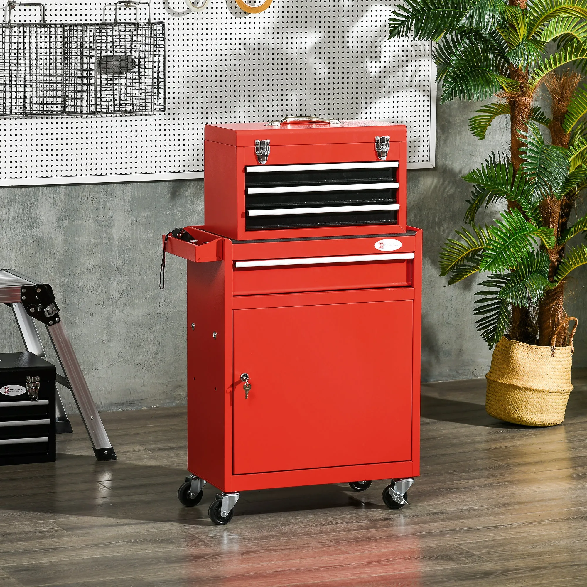 2-in-1 Tool Cart with Removable Toolbox and Lockable Steel Cabinet, Red - Image 2