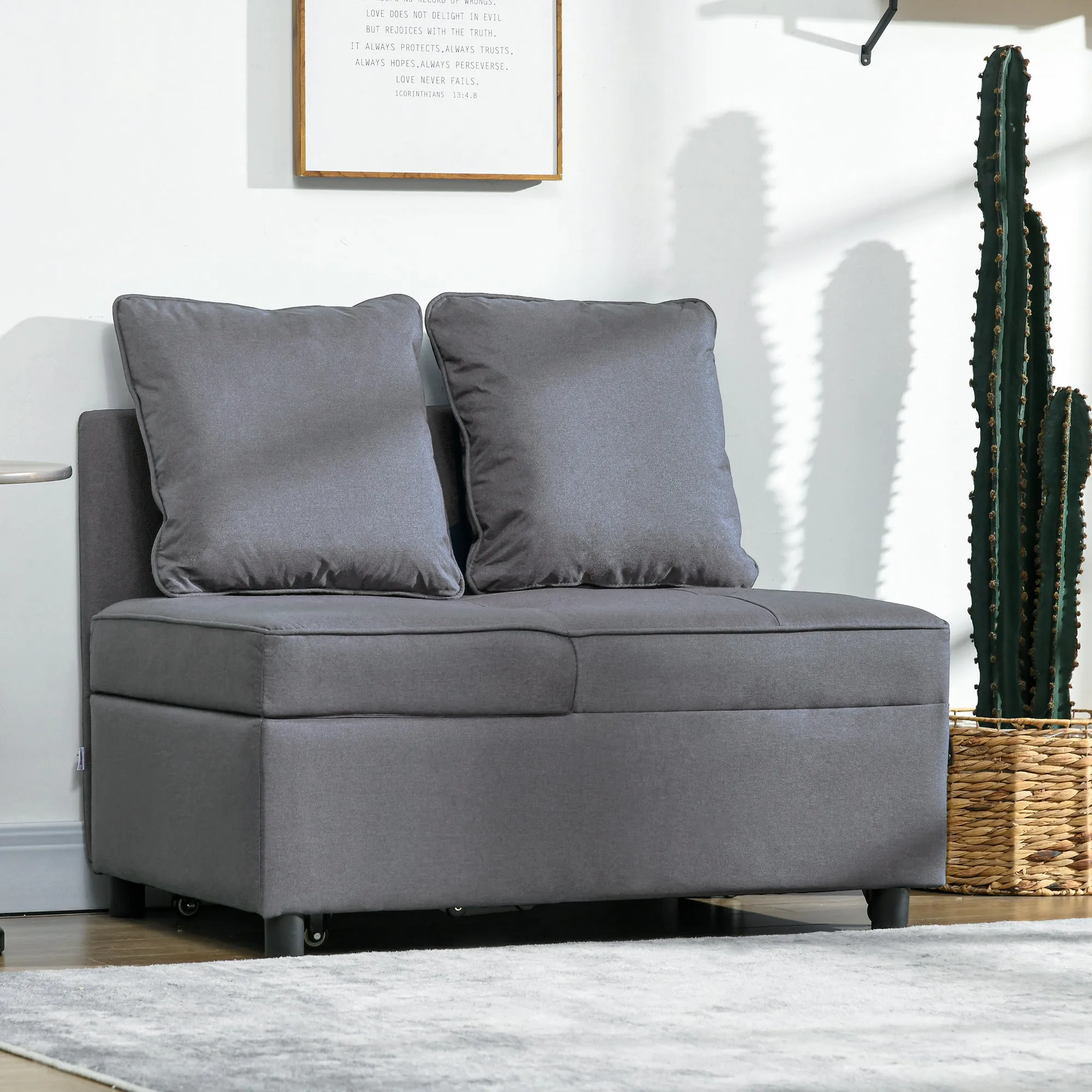 3 in 1 Reclining Armchair Bed in Linen and Wood Effect Fabric, 98x69x65 cm, Dark Grey - Image 2