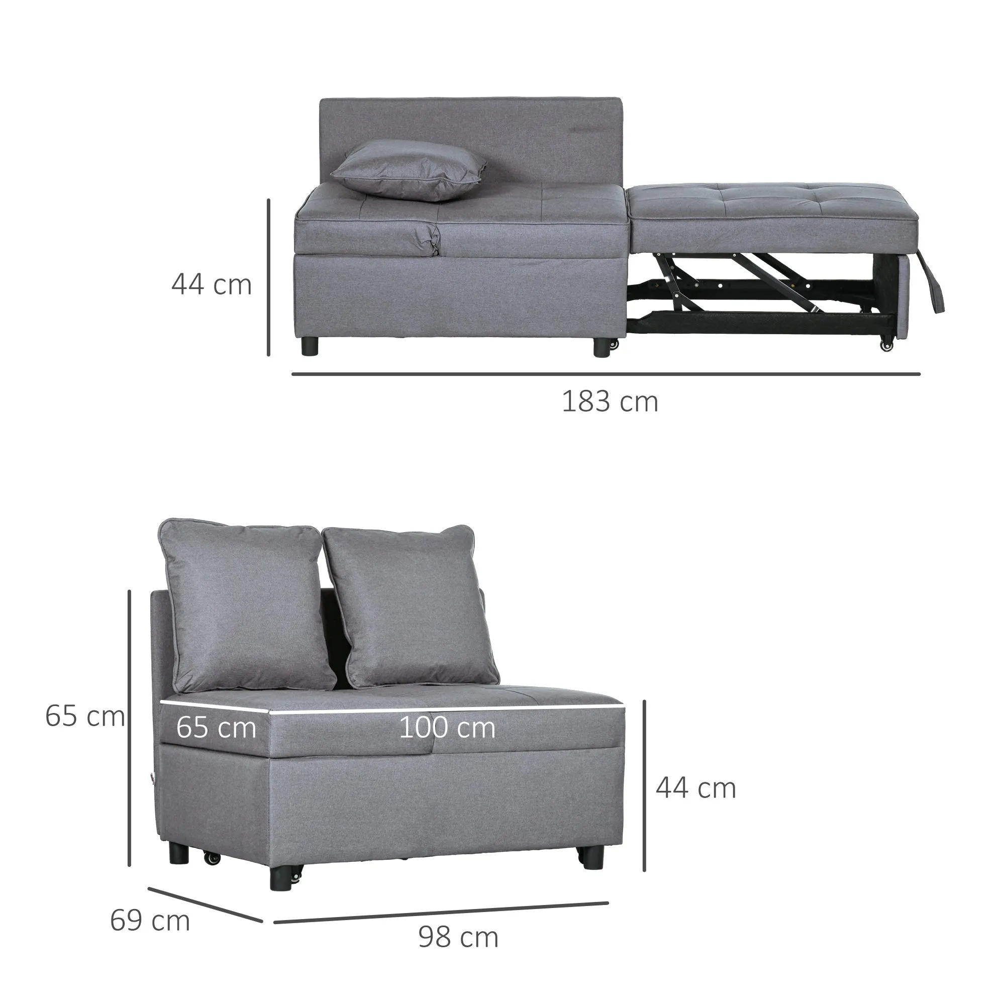 3 in 1 Reclining Armchair Bed in Linen and Wood Effect Fabric, 98x69x65 cm, Dark Grey - Image 3