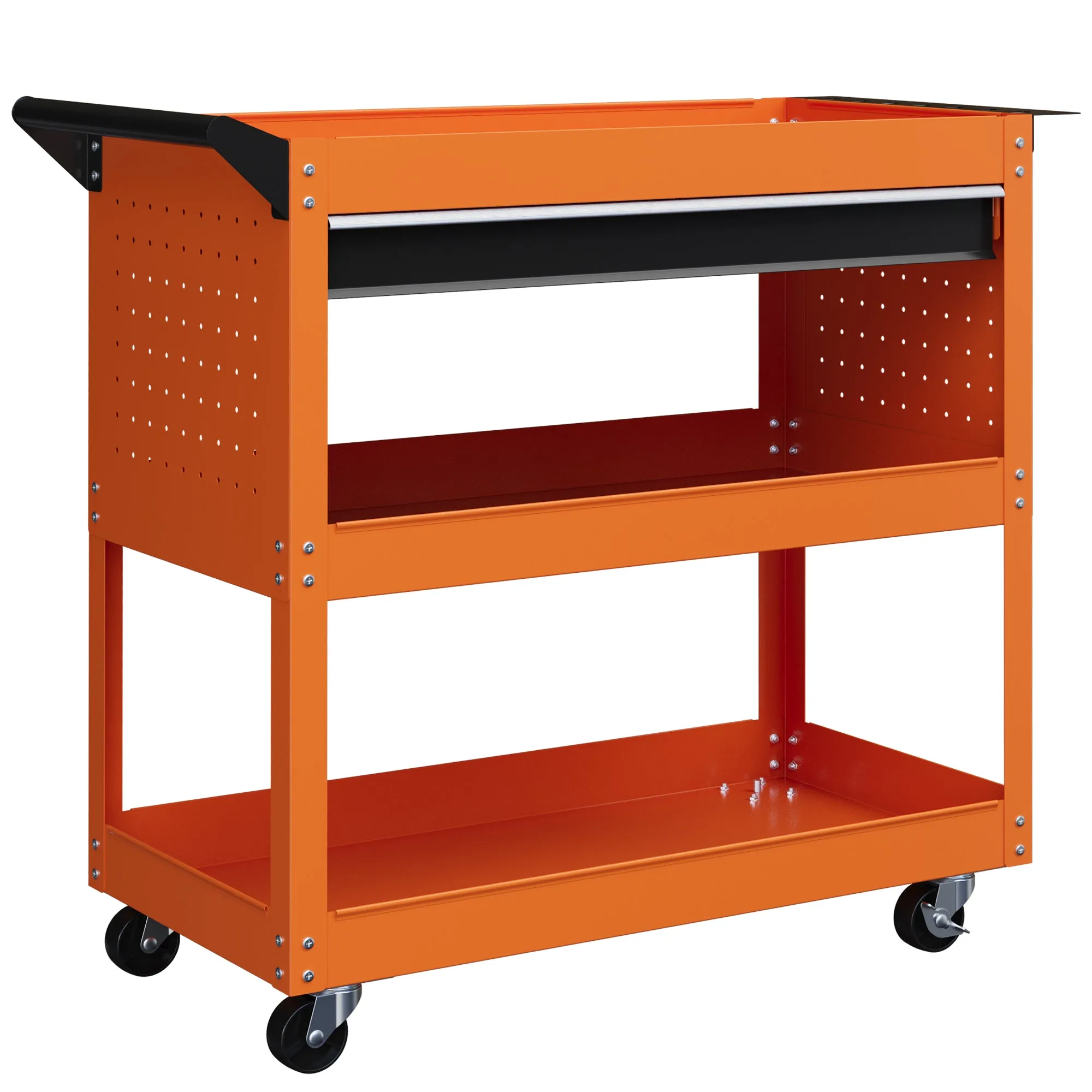 Tool Cart with Side Handle, Drawer and 3 Steel Shelves, 82x35x76 cm, Orange