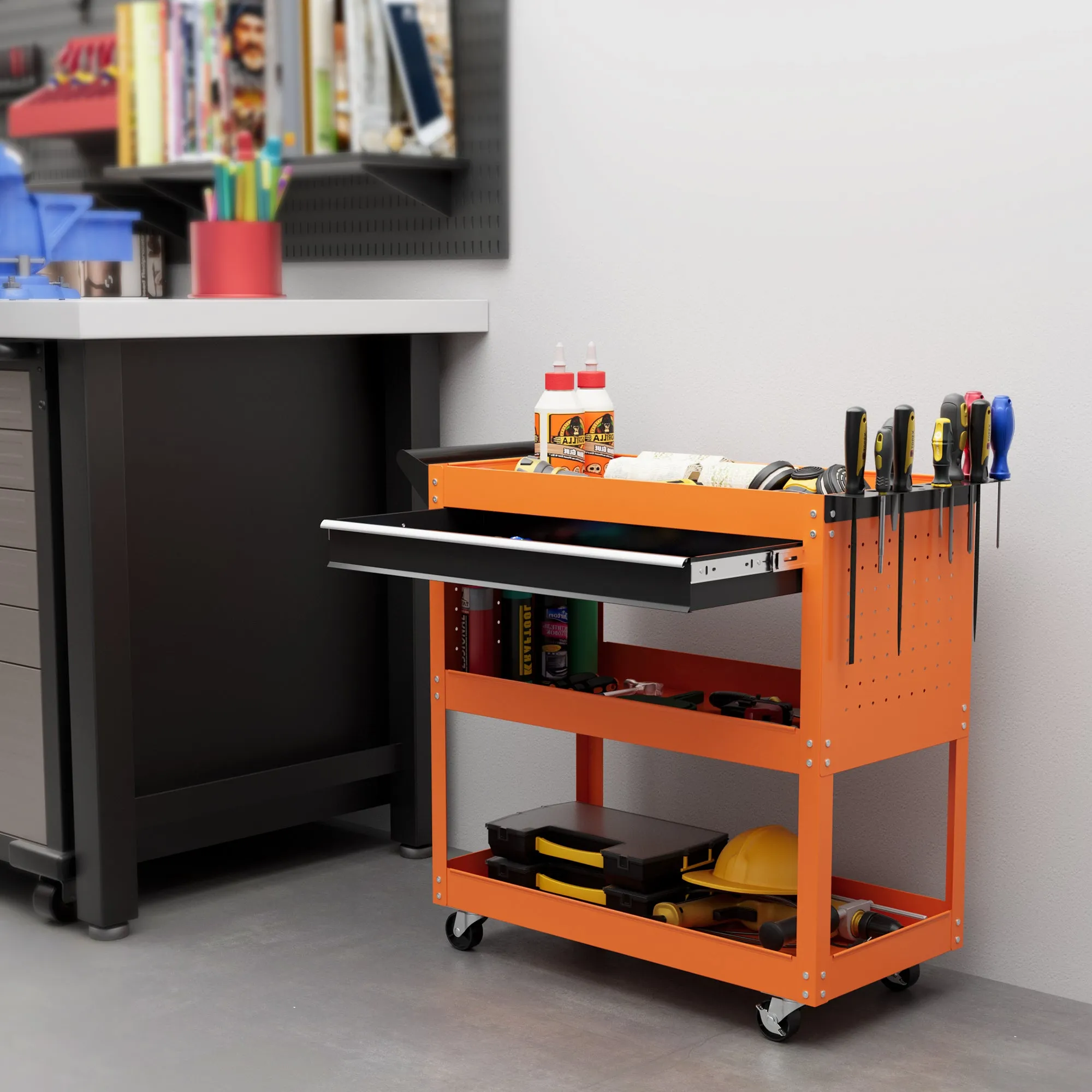 Tool Cart with Side Handle, Drawer and 3 Steel Shelves, 82x35x76 cm, Orange - Image 2