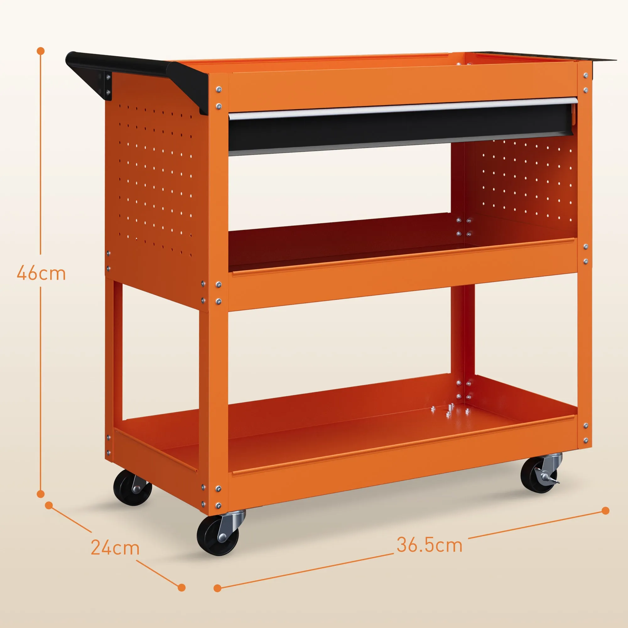 Tool Cart with Side Handle, Drawer and 3 Steel Shelves, 82x35x76 cm, Orange - Image 3