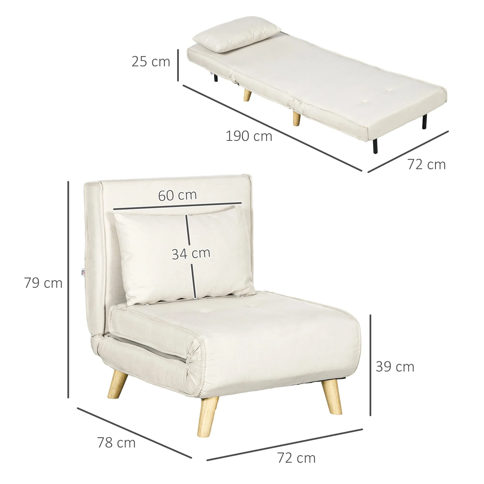 Sofa Bed 2 in 1 with Adjustable Backrest and Cushion, in Linen Effect Fabric, 72x78x79cm - Image 3