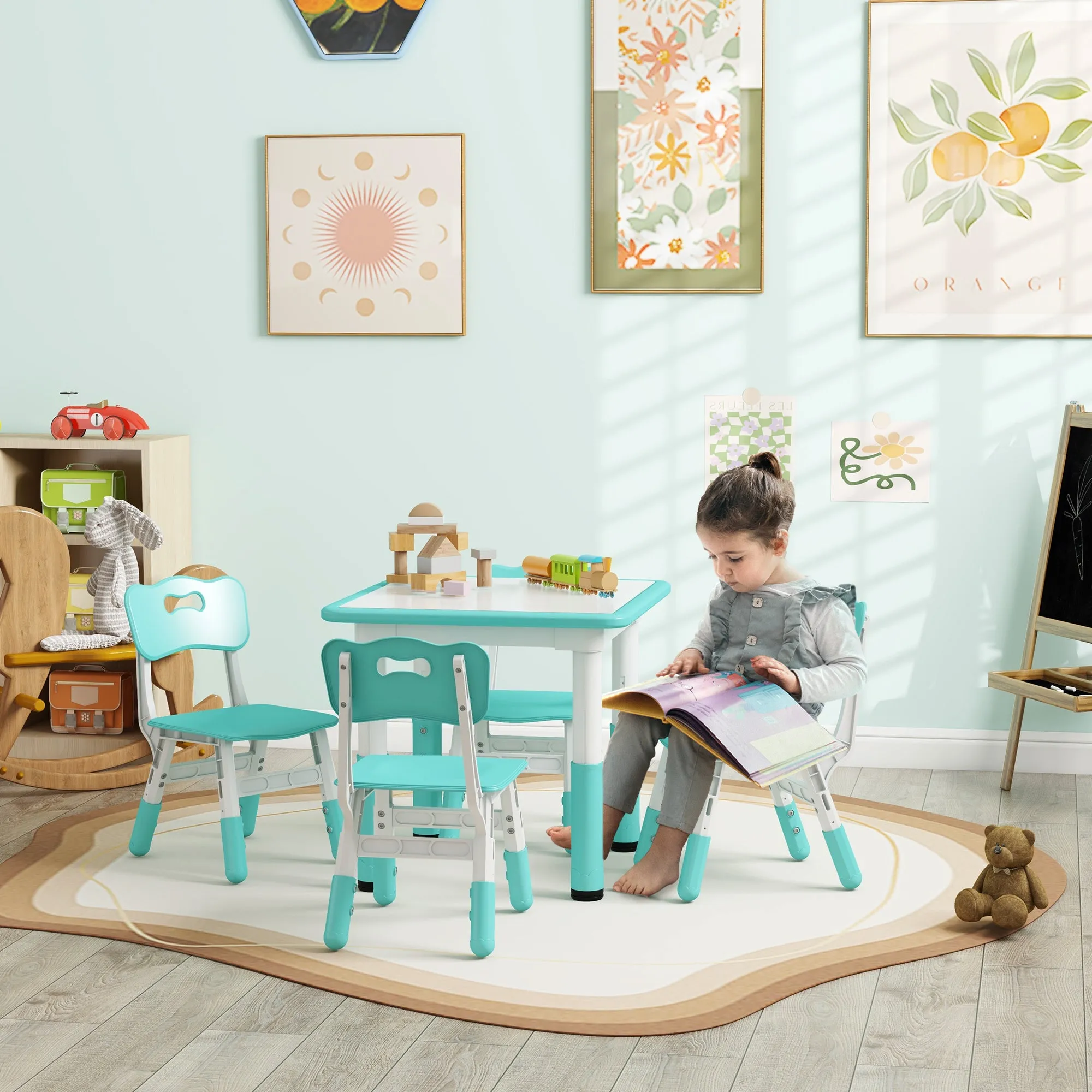 Children's Table and Chair Set 5pcs with 4 Adjustable Chairs 32x36x52.5-56 cm and Table 60x60x46-58 cm, Green - Image 2