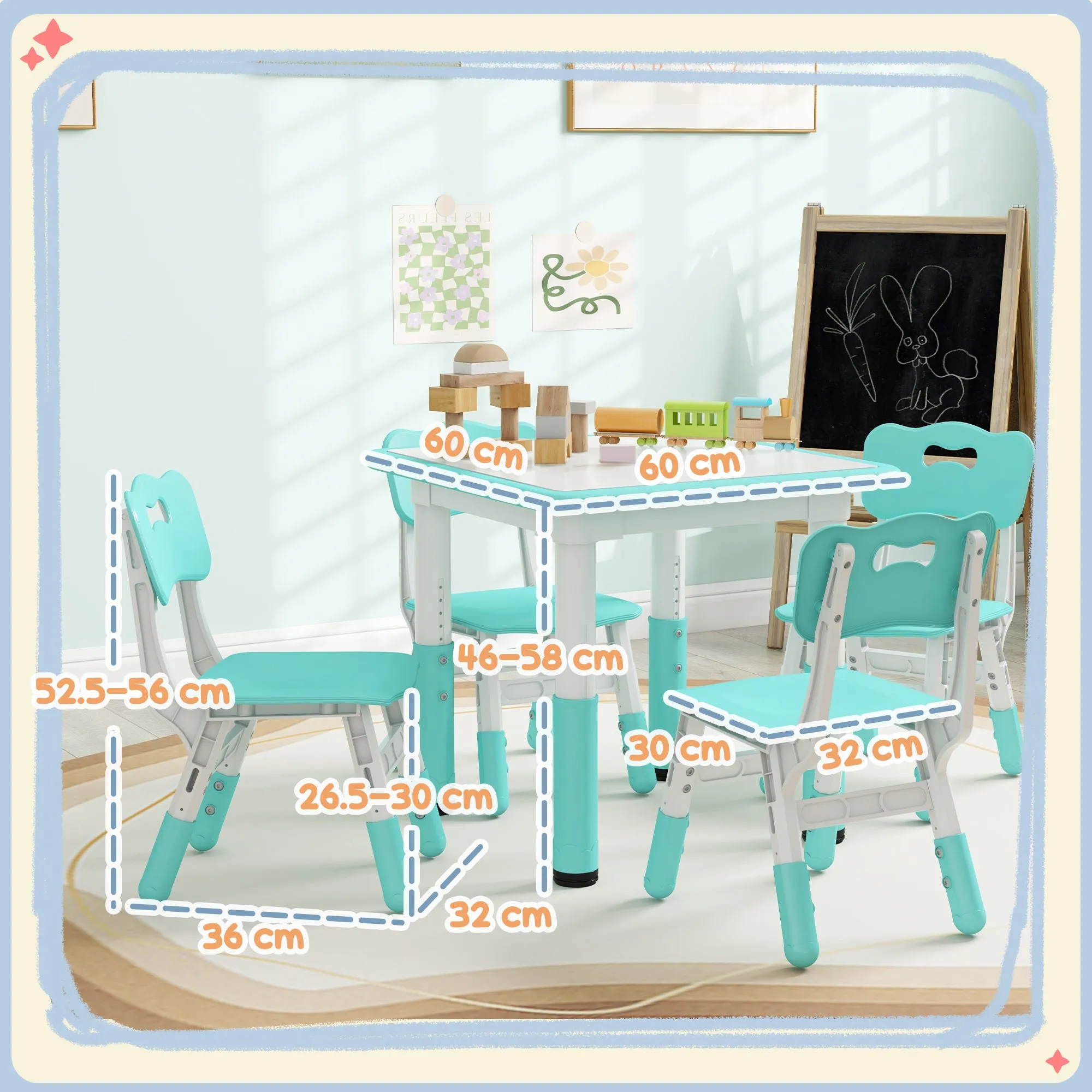 Children's Table and Chair Set 5pcs with 4 Adjustable Chairs 32x36x52.5-56 cm and Table 60x60x46-58 cm, Green - Image 3