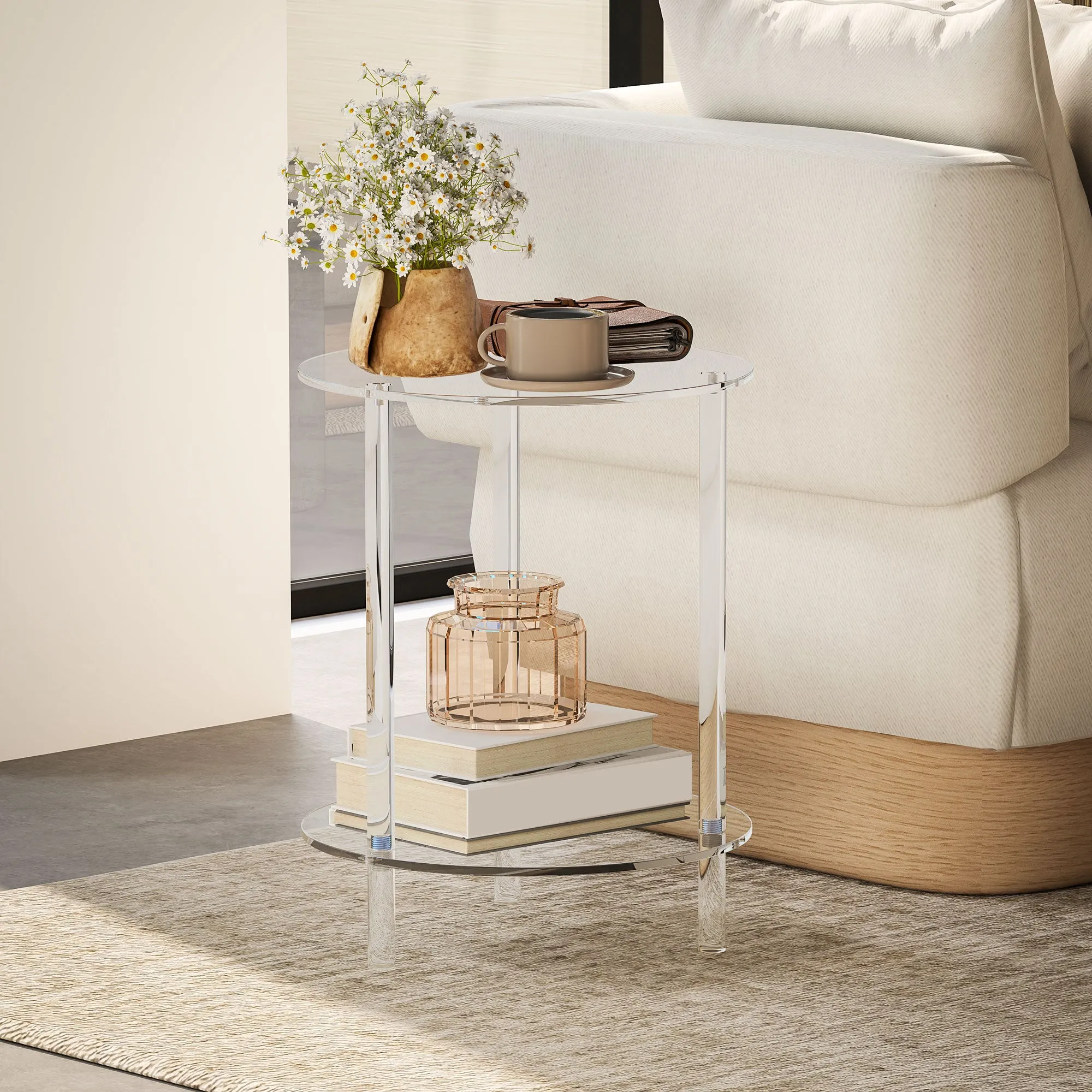 Low Round Coffee Table with 2 Levels in Acrylic for Indoors, Ø40x50 cm, Transparent - Image 2