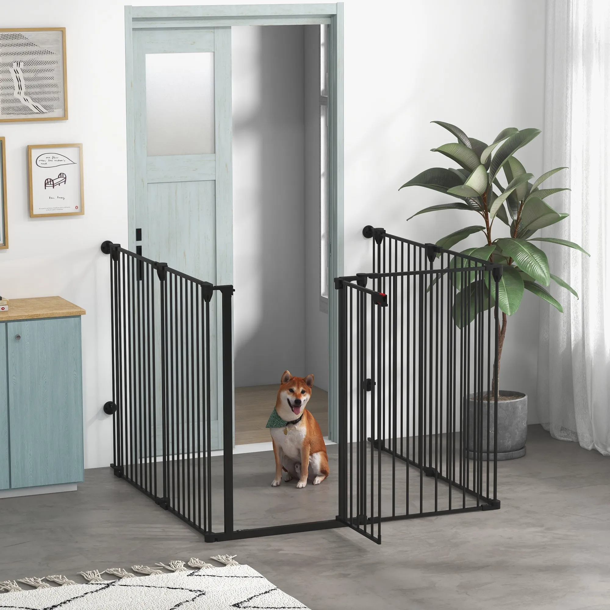 Folding Dog Gate 6-Panel for Medium-sized Dogs, Made of Steel and Plastic, 123x102x100 cm, Black - Image 2