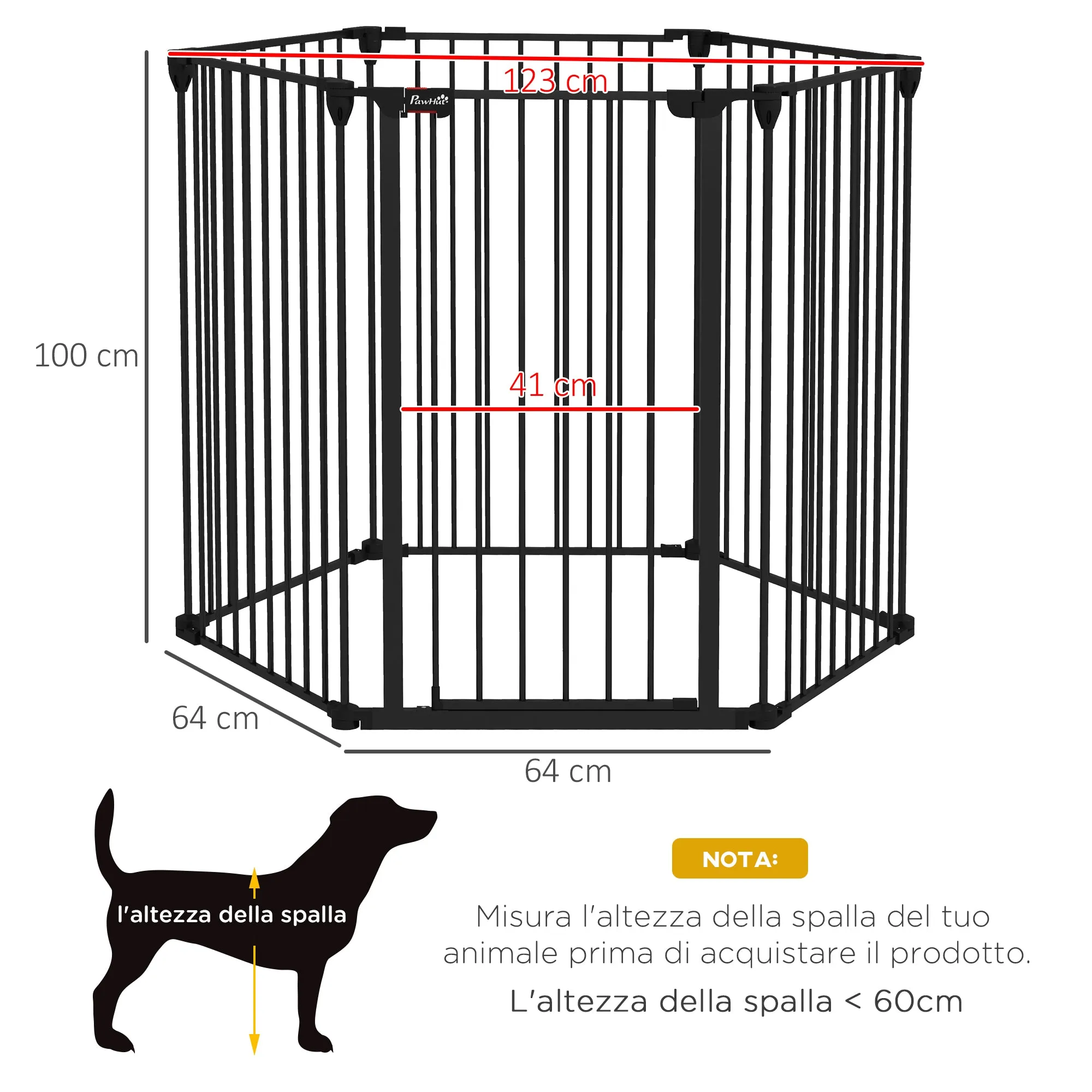 Folding Dog Gate 6-Panel for Medium-sized Dogs, Made of Steel and Plastic, 123x102x100 cm, Black - Image 3