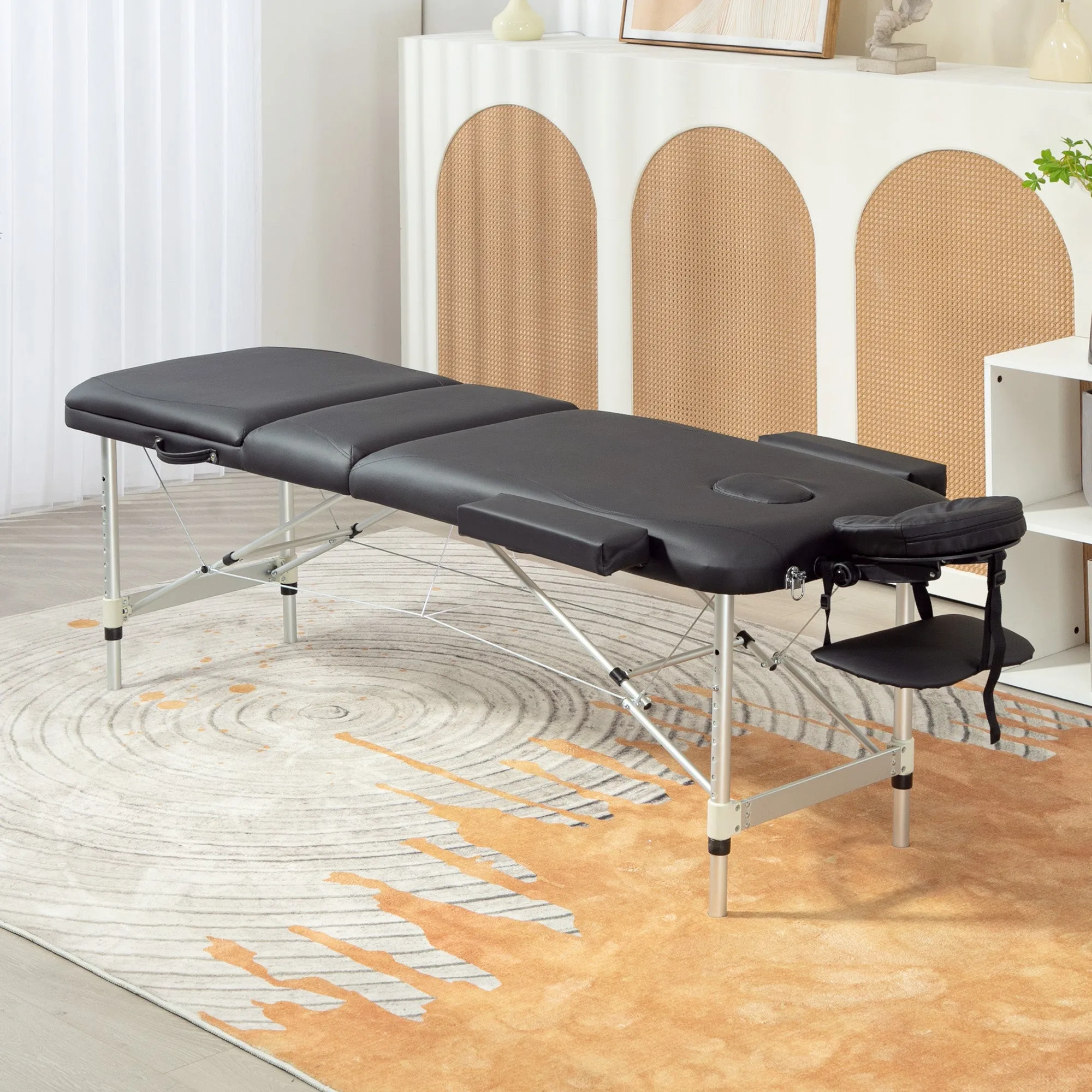 Black Foldable Massage Table with Adjustable Height, in Aluminum and Plastic, 215x60x61-84 cm, Black - Image 2