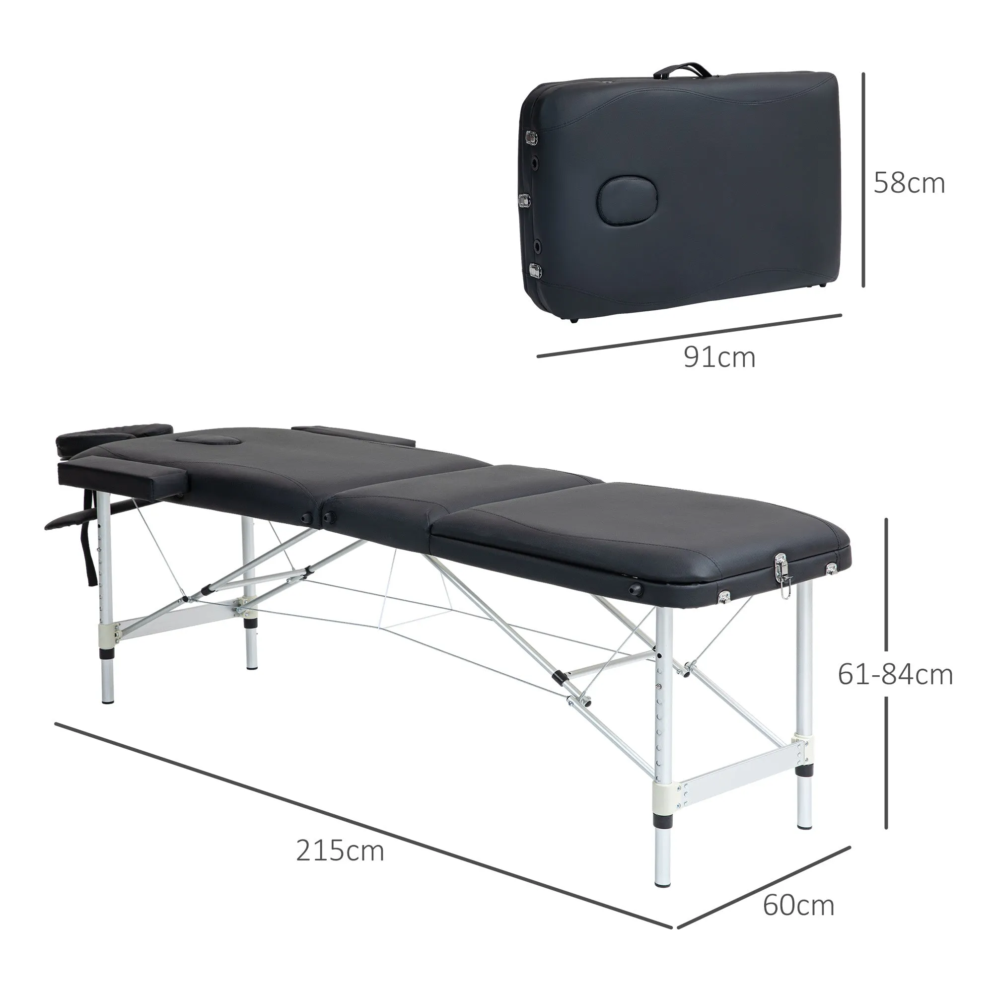 Black Foldable Massage Table with Adjustable Height, in Aluminum and Plastic, 215x60x61-84 cm, Black - Image 3