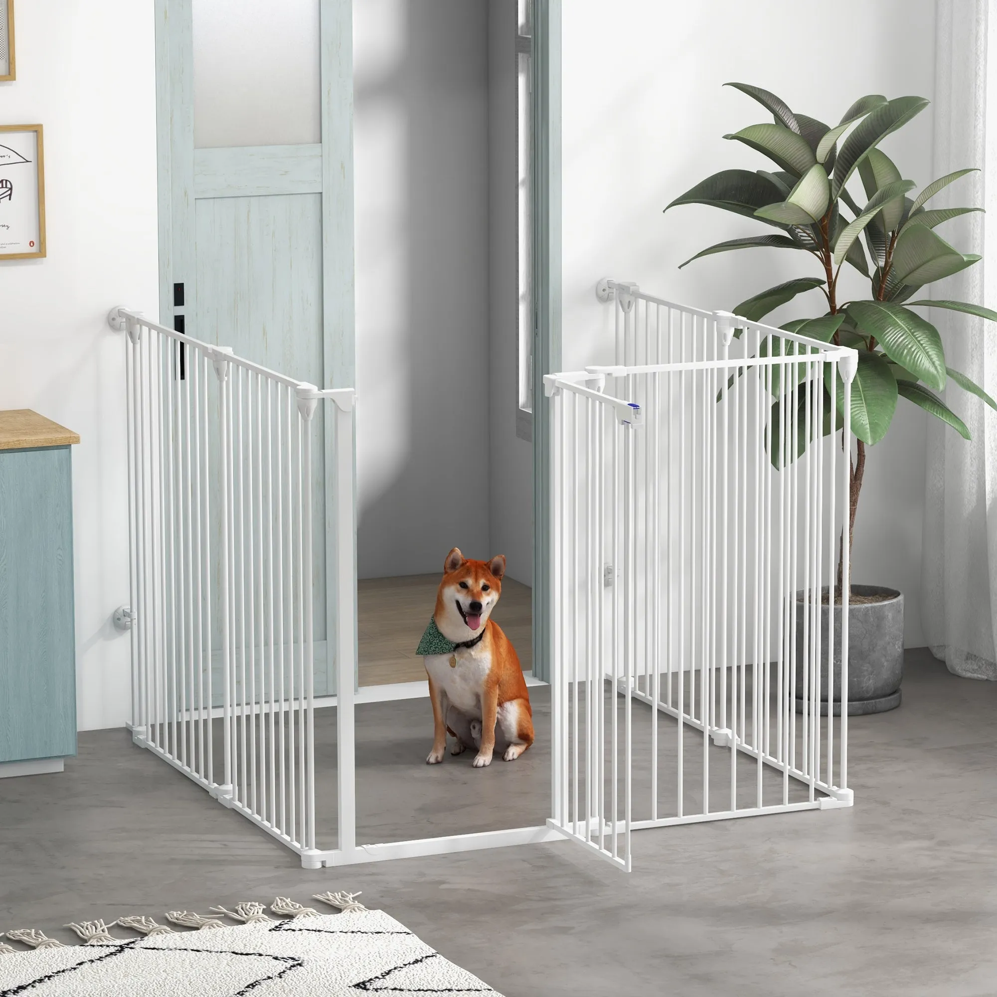 Folding Gate 6-Panel for Medium-sized Dogs, Made of Steel and Plastic, 123x102x100 cm, White - Image 2