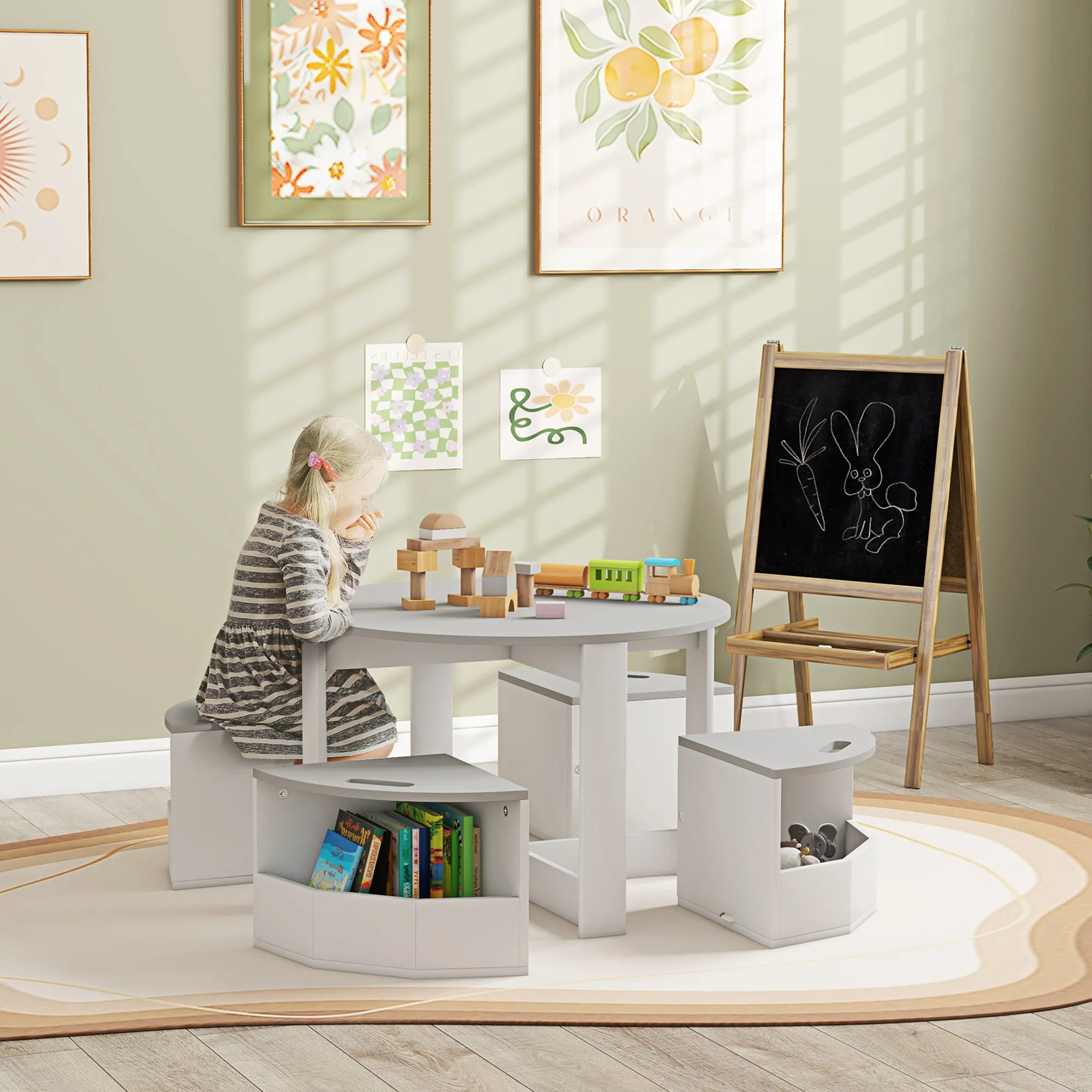 Children's Table and 4 Stools Set with Space-Saving Storage in Wood, Grey - Image 2