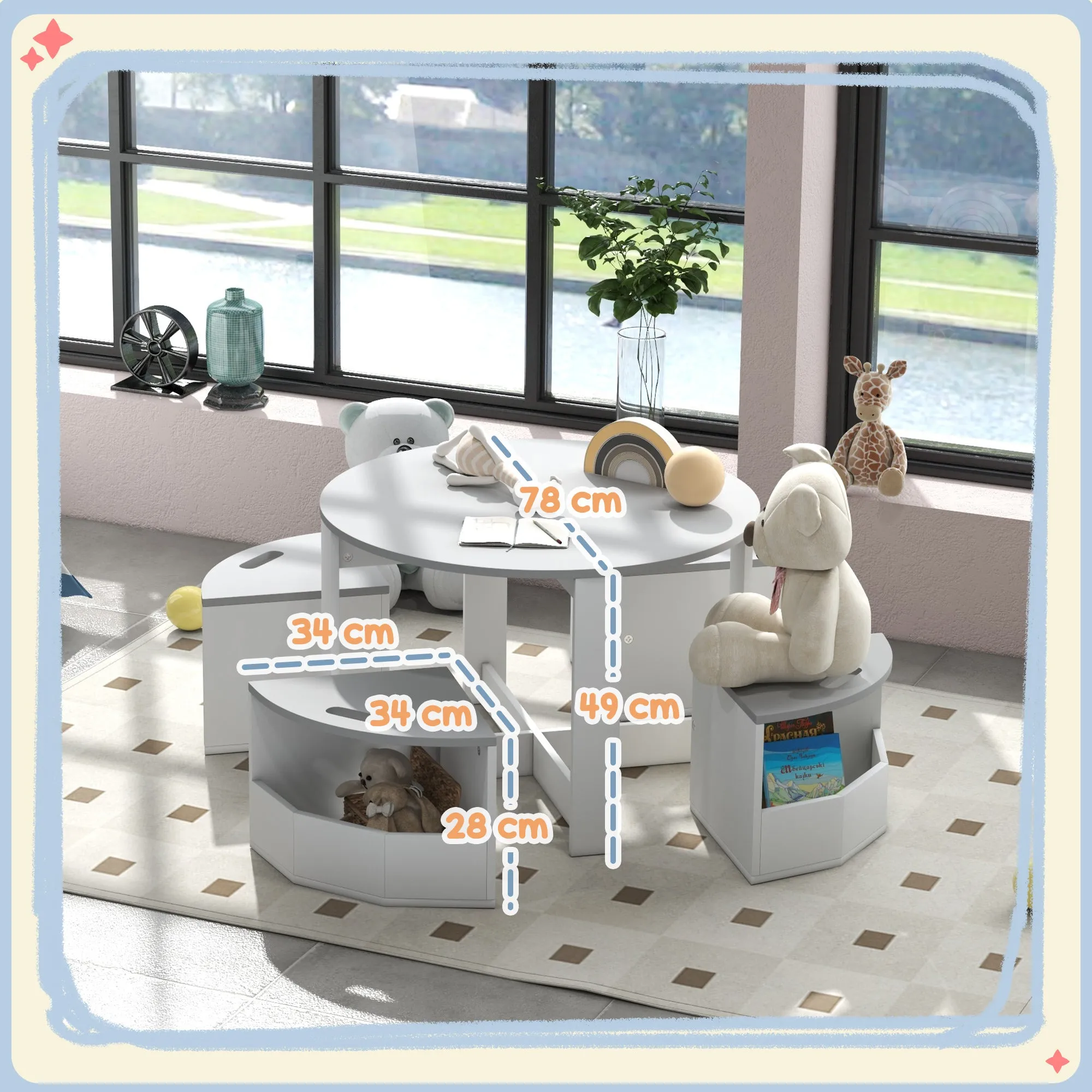 Children's Table and 4 Stools Set with Space-Saving Storage in Wood, Grey - Image 3