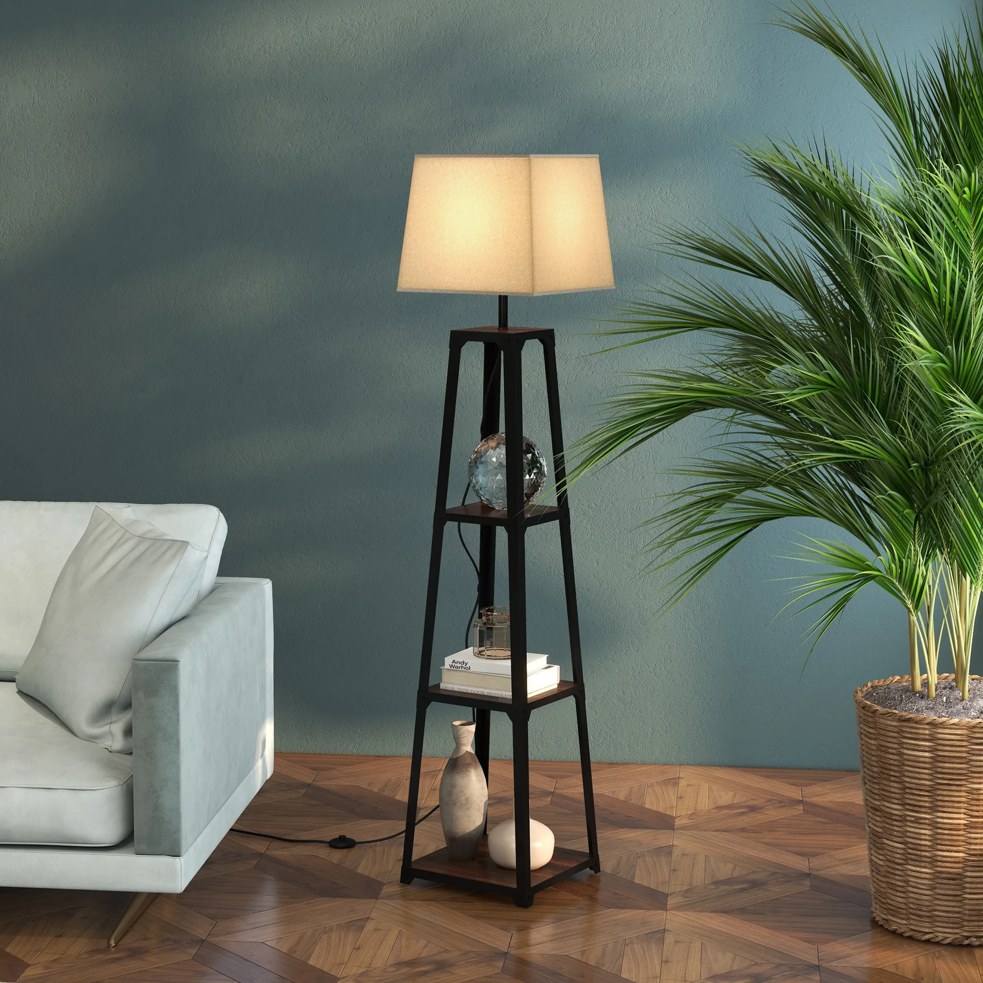 Floor Lamp in Metal and MDF with 3 Shelves with Fabric Lampshade, Ø42x166 cm, Black and Beige - Image 2