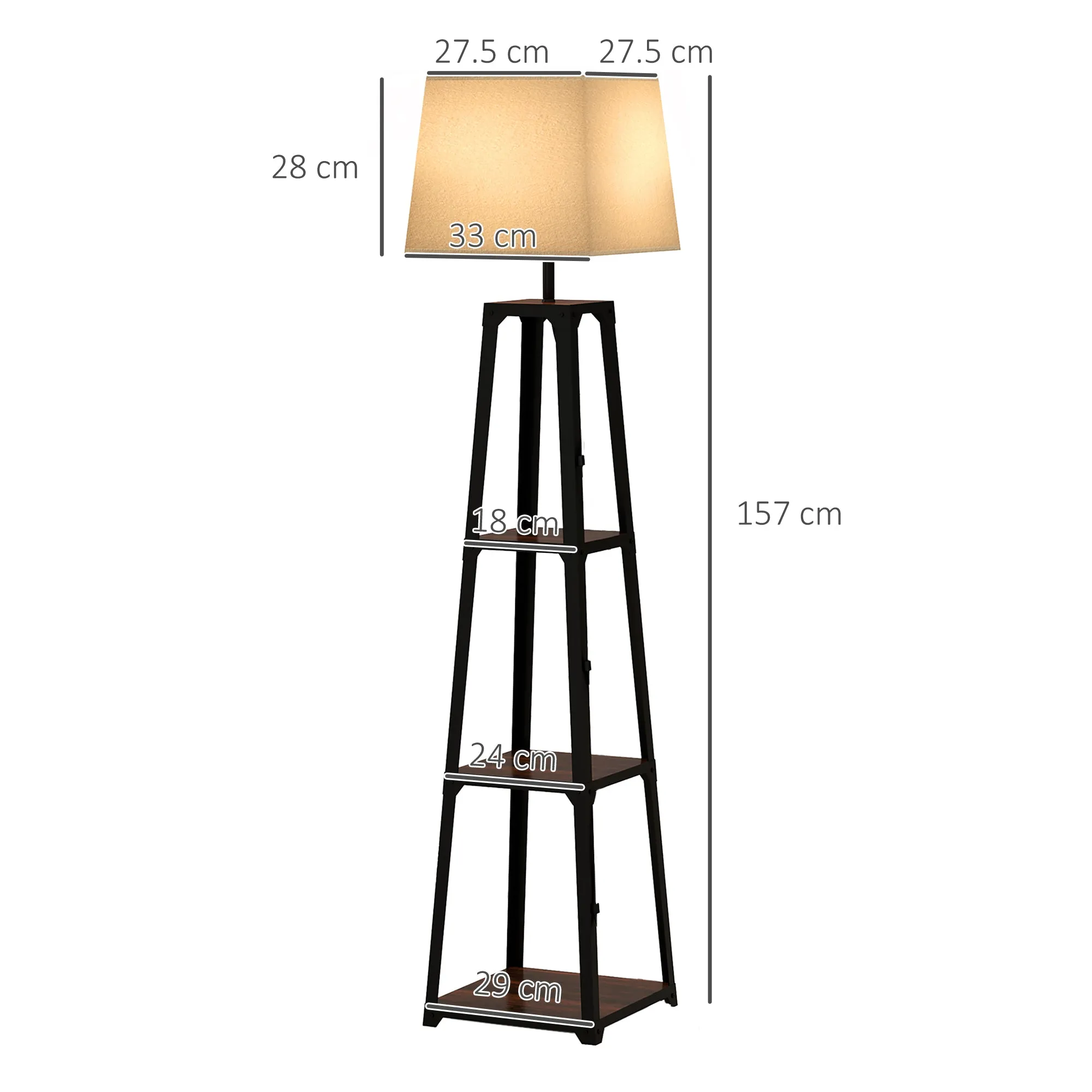 Floor Lamp in Metal and MDF with 3 Shelves with Fabric Lampshade, Ø42x166 cm, Black and Beige - Image 3