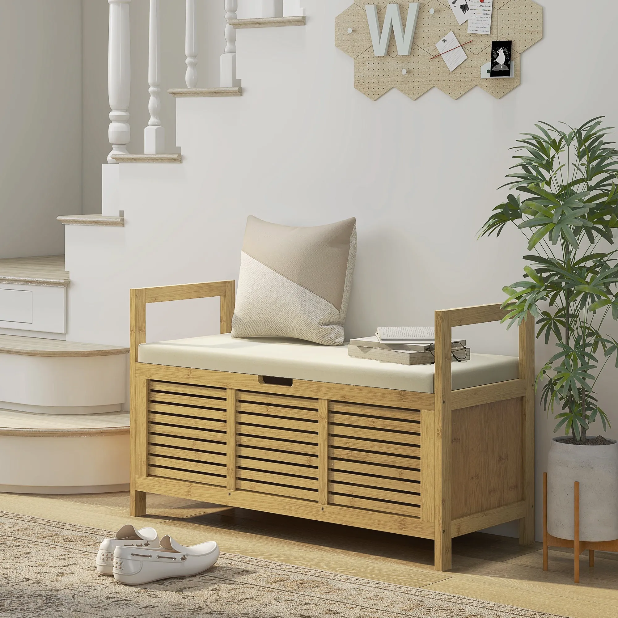 Bamboo Wood Slatted Entryway Shoe Bench with Drop-Leaf Design, 100x40x60 cm - Image 2