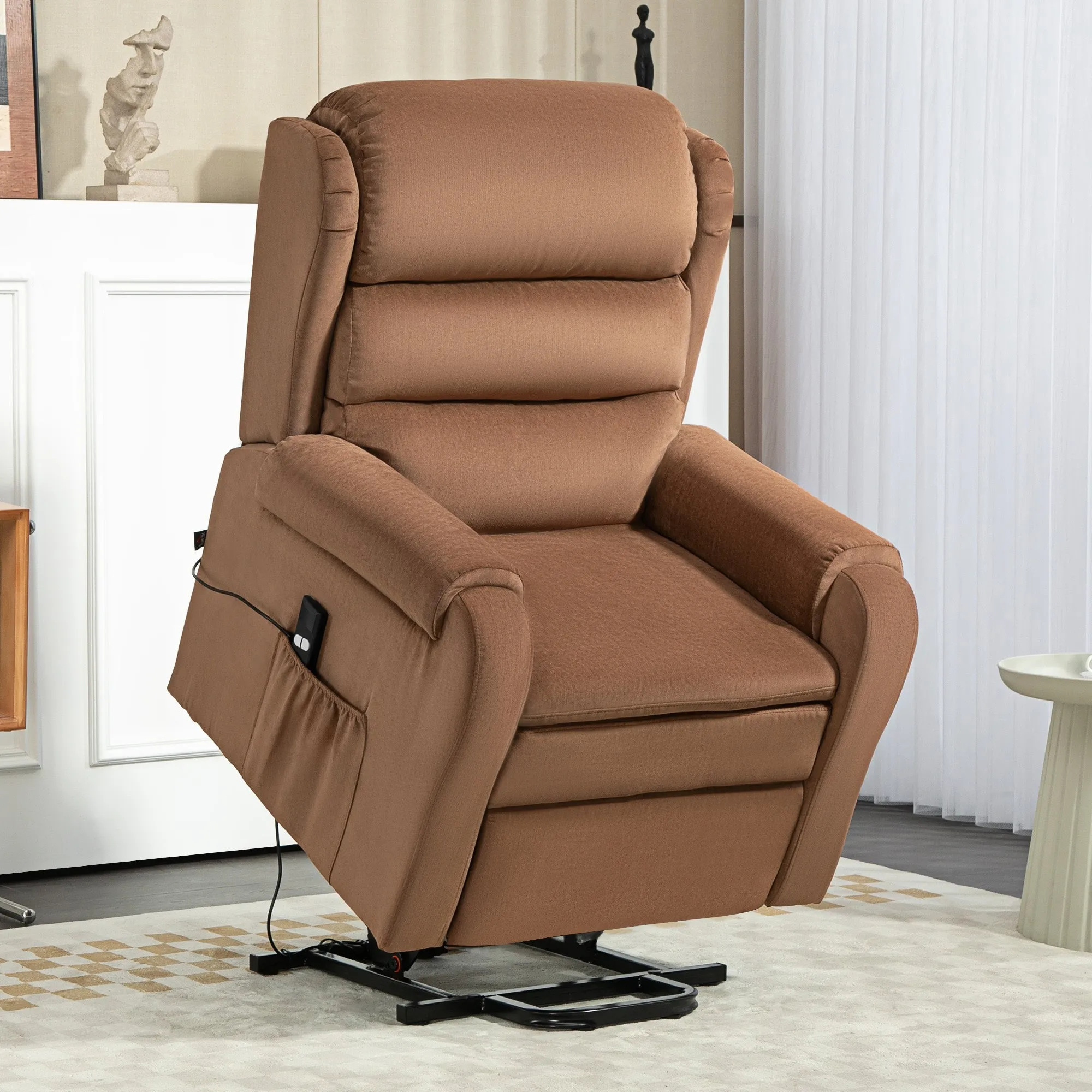 Lifting Armchair 160° Reclining with Footrest and Remote Control, Velvet, 85x88x109 cm, Brown - Image 2