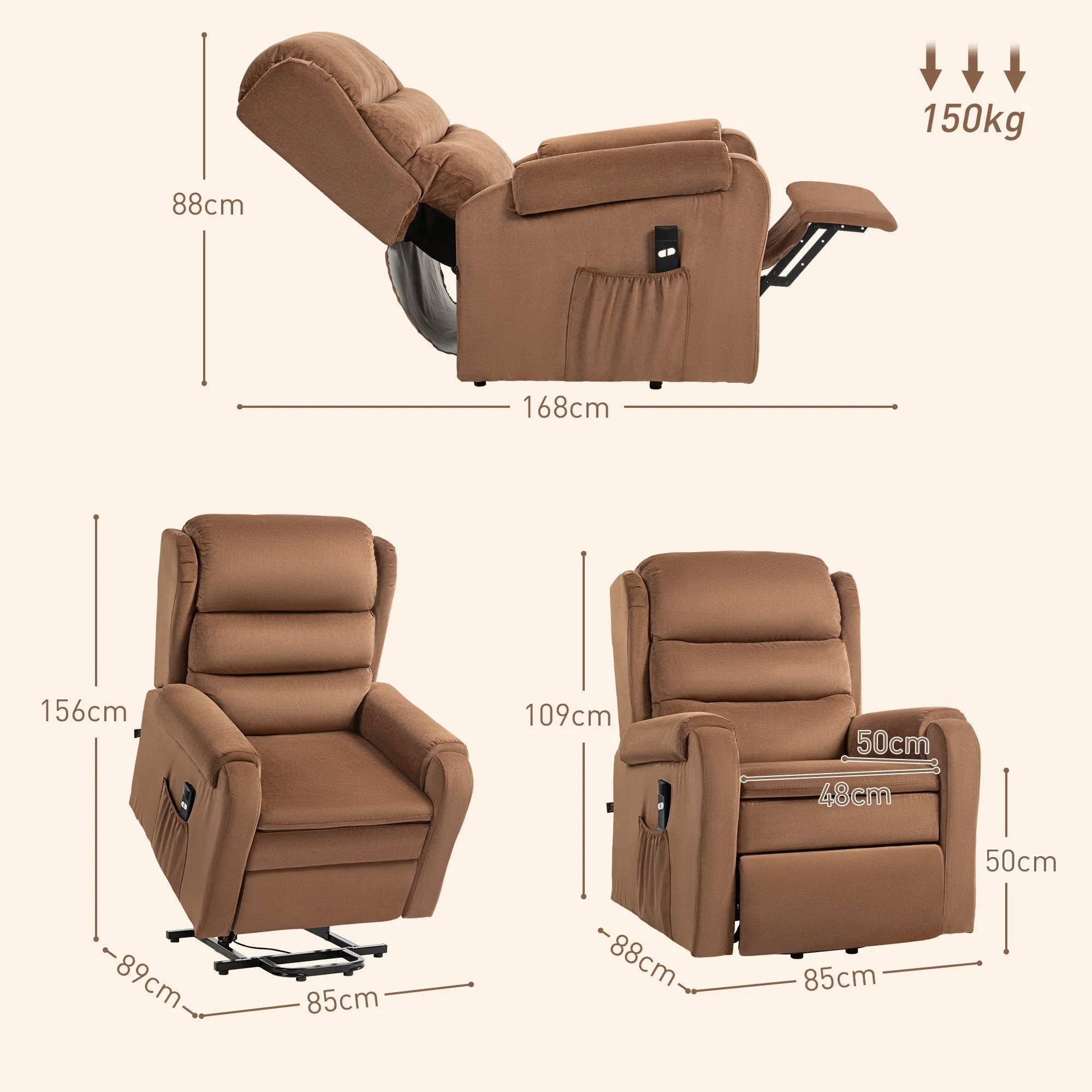 Lifting Armchair 160° Reclining with Footrest and Remote Control, Velvet, 85x88x109 cm, Brown - Image 3