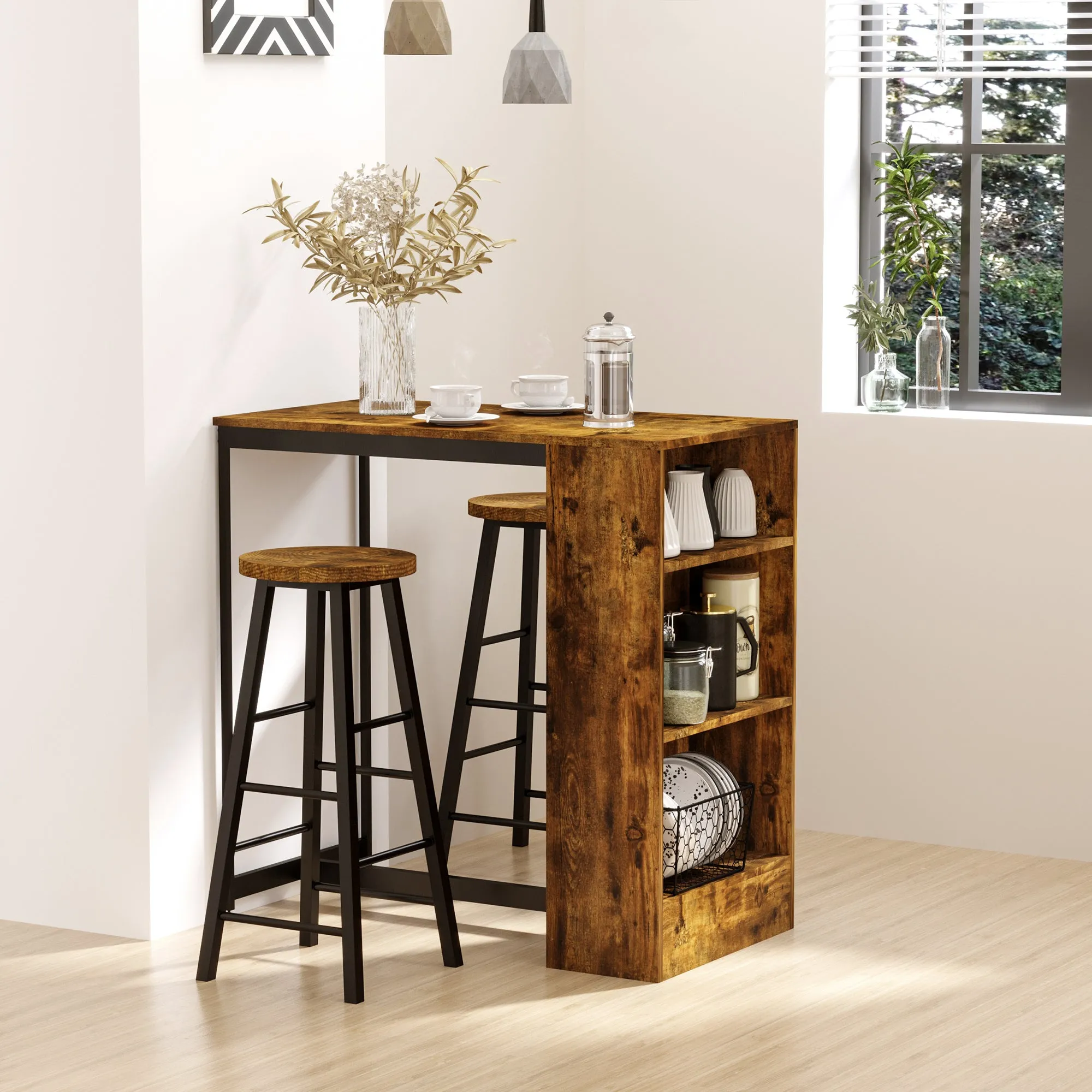Industrial Style 3 Tier Bar Counter Dining Set with 2 High Stools and Footrest, Brown - Image 2