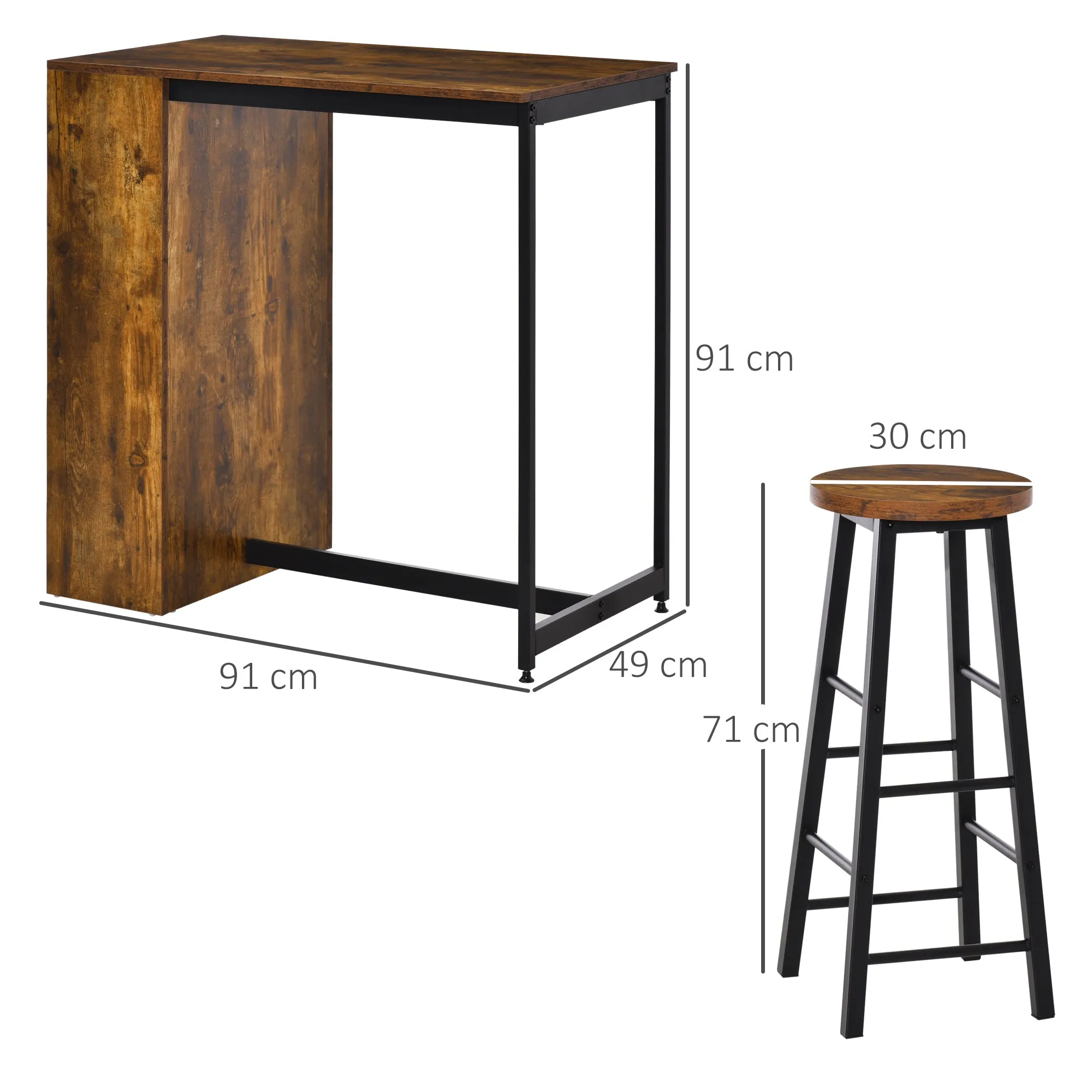 Industrial Style 3 Tier Bar Counter Dining Set with 2 High Stools and Footrest, Brown - Image 3