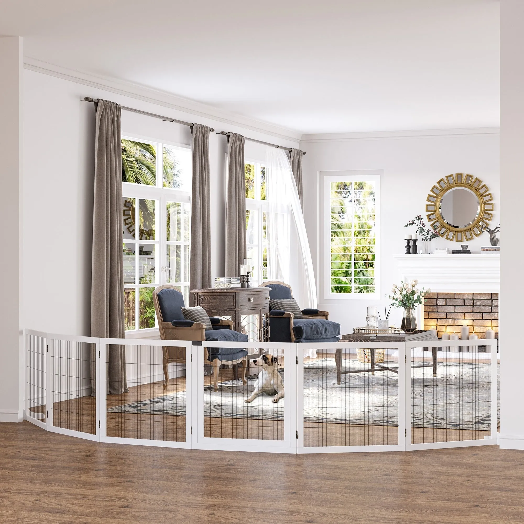 Gate for Small/Medium Size Dogs with 6 Folding Panels, in Wood and Steel, 432x36x70 cm, White - Image 2