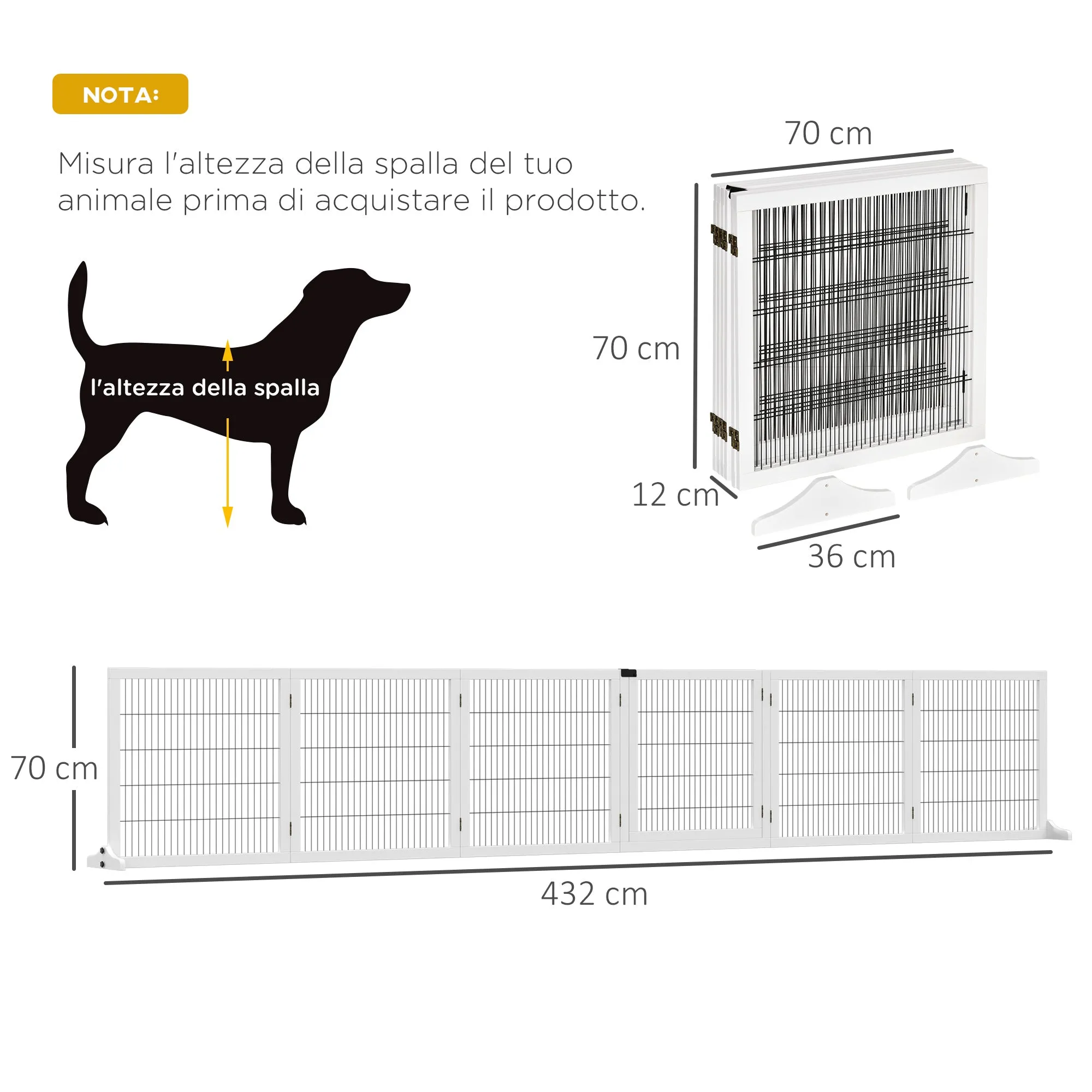 Gate for Small/Medium Size Dogs with 6 Folding Panels, in Wood and Steel, 432x36x70 cm, White - Image 3
