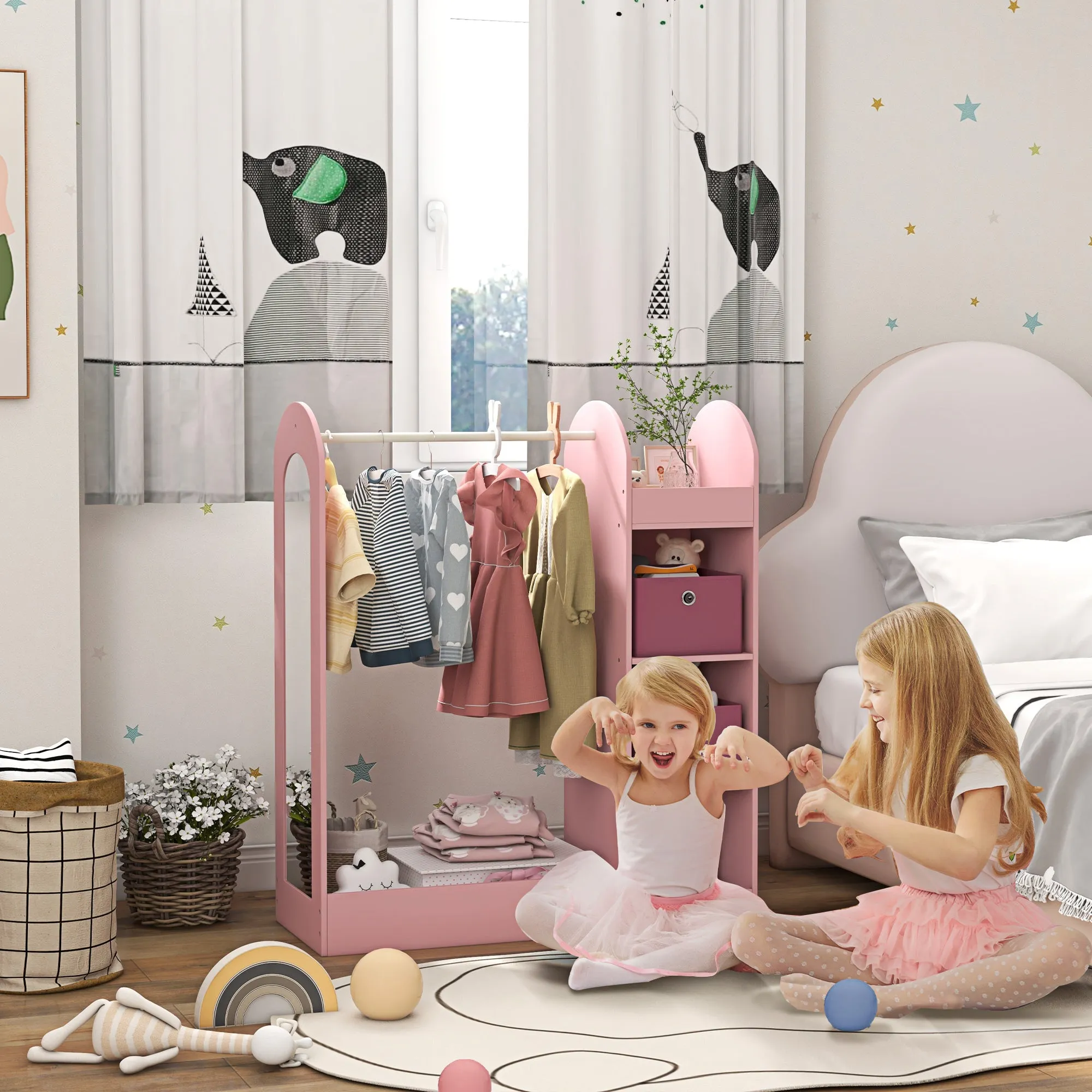 Children's Coat Rack Open Wardrobe with Shelves, Boxes, and Wooden Mirror, Pink - Image 2
