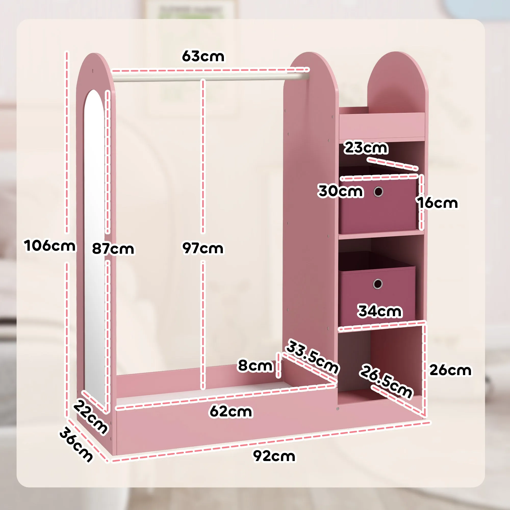 Children's Coat Rack Open Wardrobe with Shelves, Boxes, and Wooden Mirror, Pink - Image 3