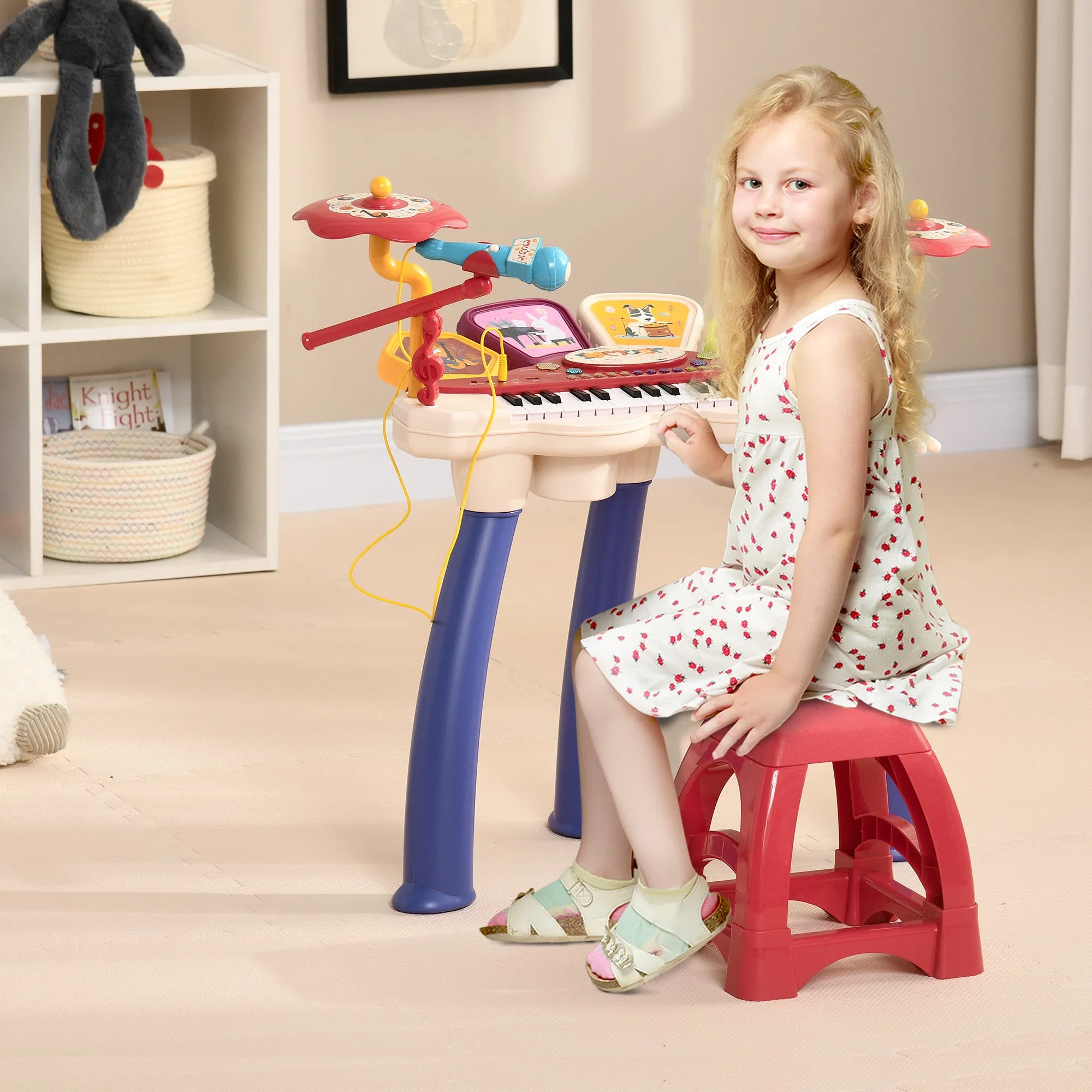 Piano for Children 3-6 Years with Stool, Microphone, Drum and Drumsticks, in PP and ABS, 74x32.2x71 cm - Image 2