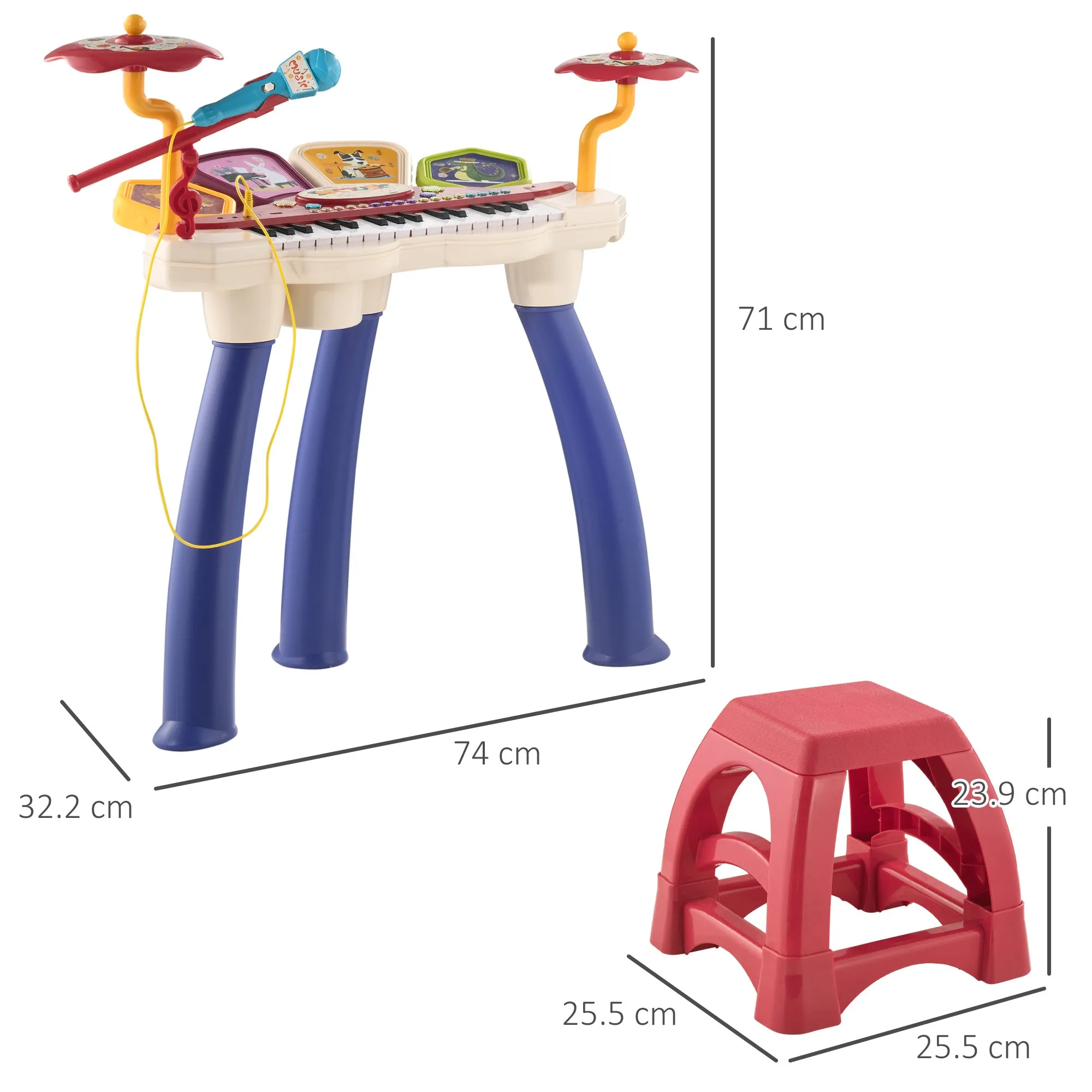 Piano for Children 3-6 Years with Stool, Microphone, Drum and Drumsticks, in PP and ABS, 74x32.2x71 cm - Image 3