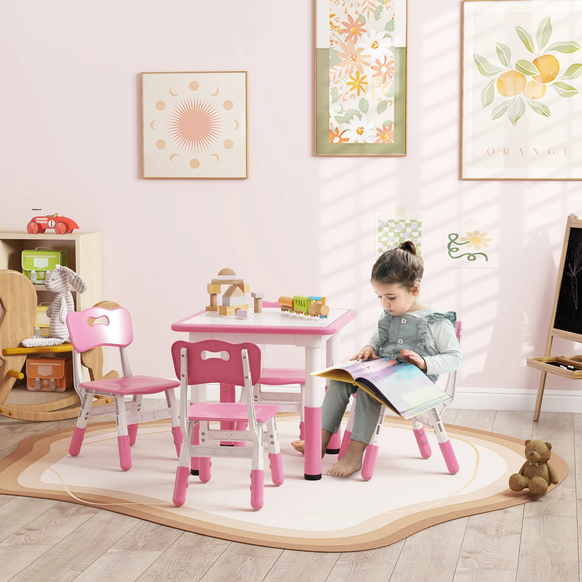 Children's Table and Chair Set 5pcs with 4 Adjustable Chairs 32x36x52. 5-56 cm and Table 60x60x46-58 cm, Pink - Image 2