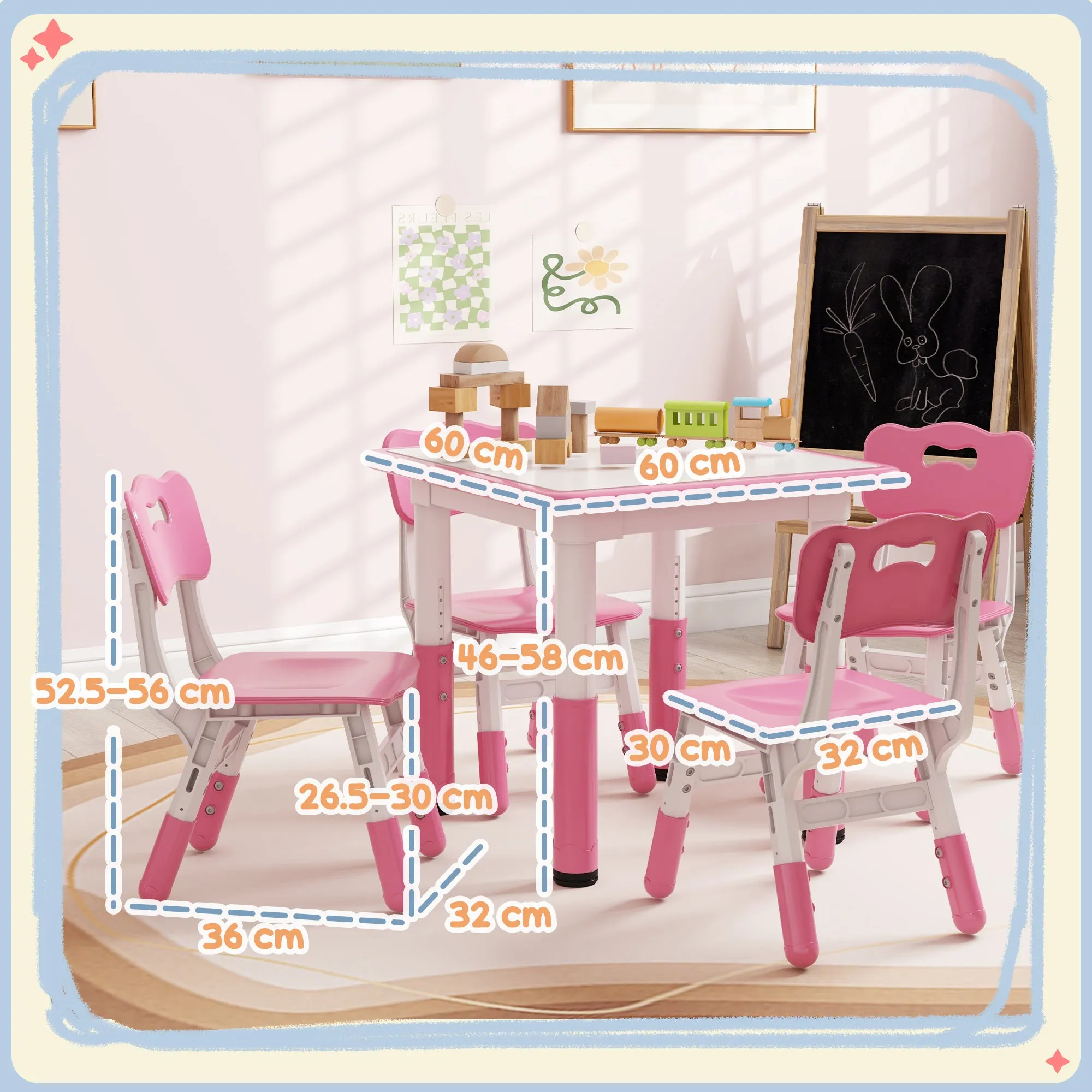 Children's Table and Chair Set 5pcs with 4 Adjustable Chairs 32x36x52. 5-56 cm and Table 60x60x46-58 cm, Pink - Image 3