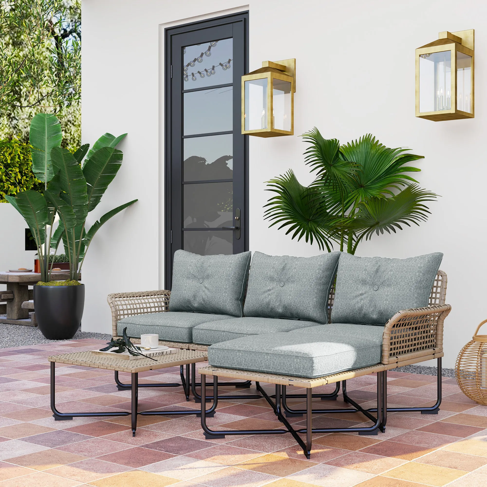 Rattan Garden Set 5-Piece with 2 Side Chairs, Central Chair and 2 Stools/Coffee Tables - Image 2