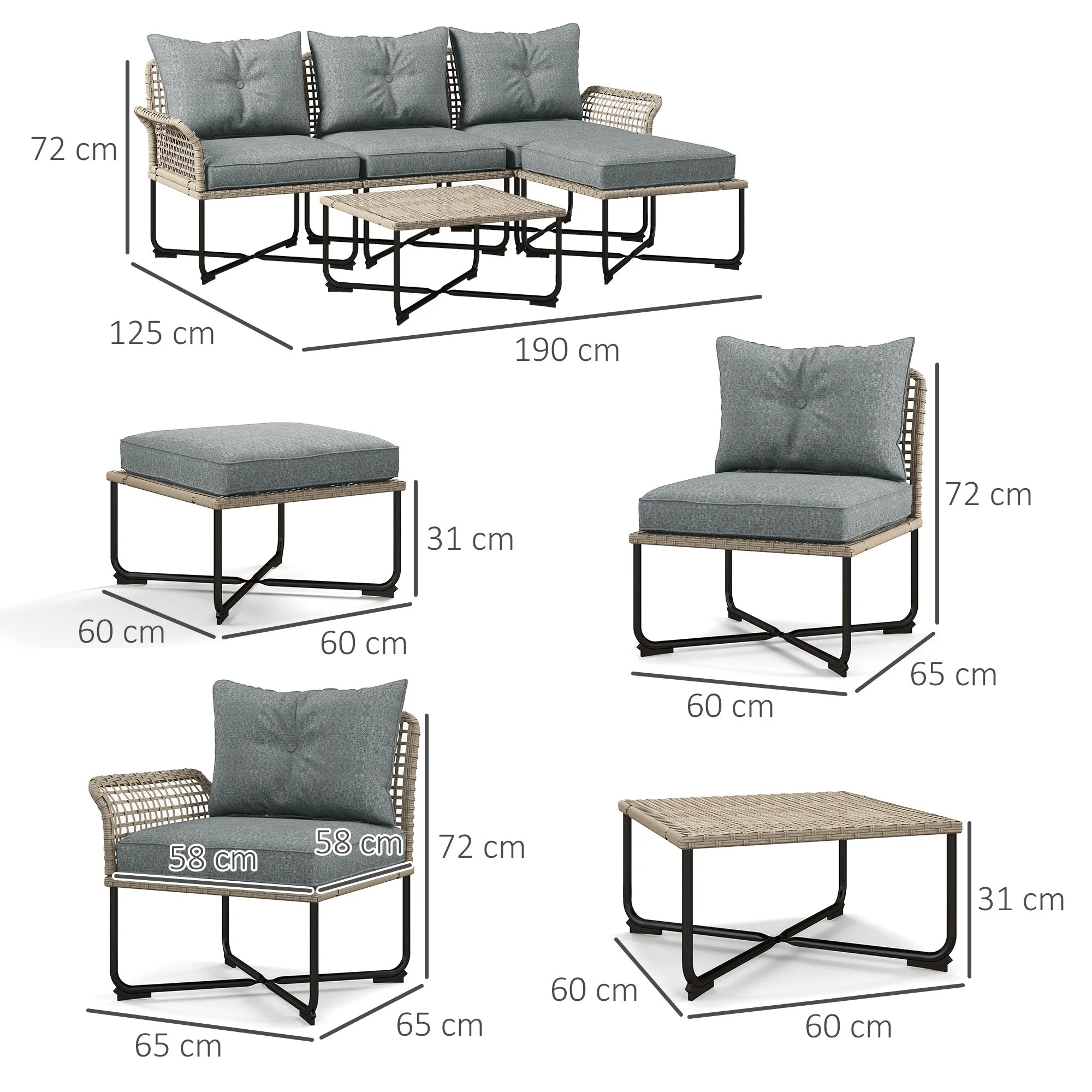 Rattan Garden Set 5-Piece with 2 Side Chairs, Central Chair and 2 Stools/Coffee Tables - Image 3