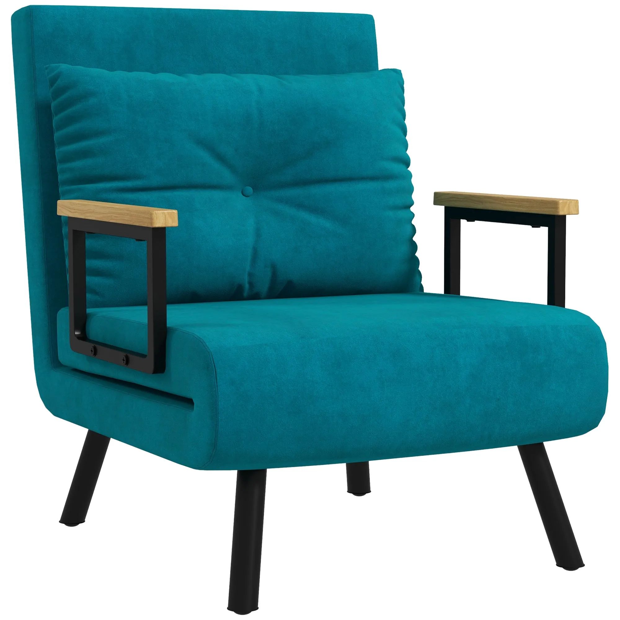 Velvet Turquoise 3 in 1 Sofa Bed with 5-Position Reclining Backrest and Cushion, 63x73x81 cm, Turquoise
