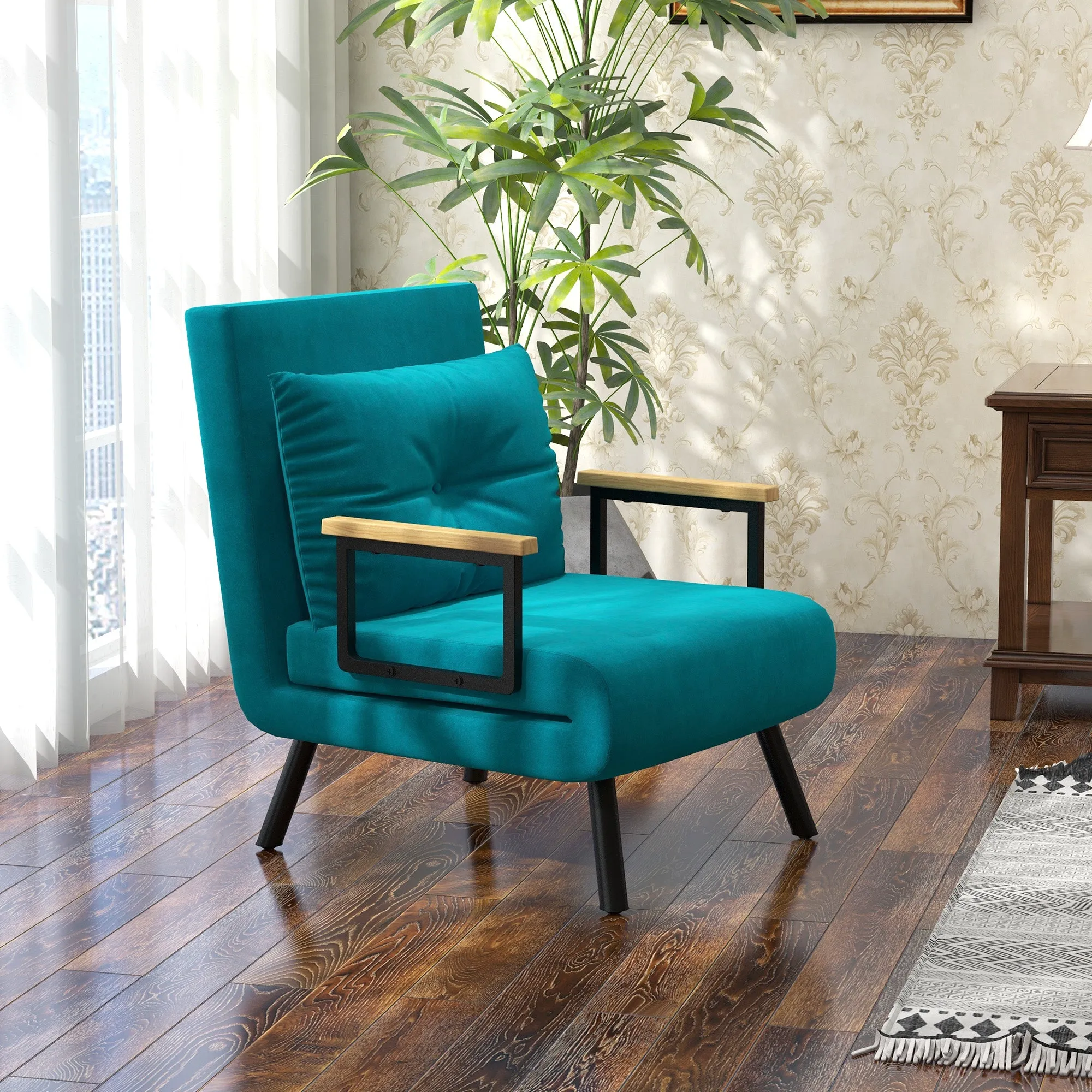 Velvet Turquoise 3 in 1 Sofa Bed with 5-Position Reclining Backrest and Cushion, 63x73x81 cm, Turquoise - Image 2