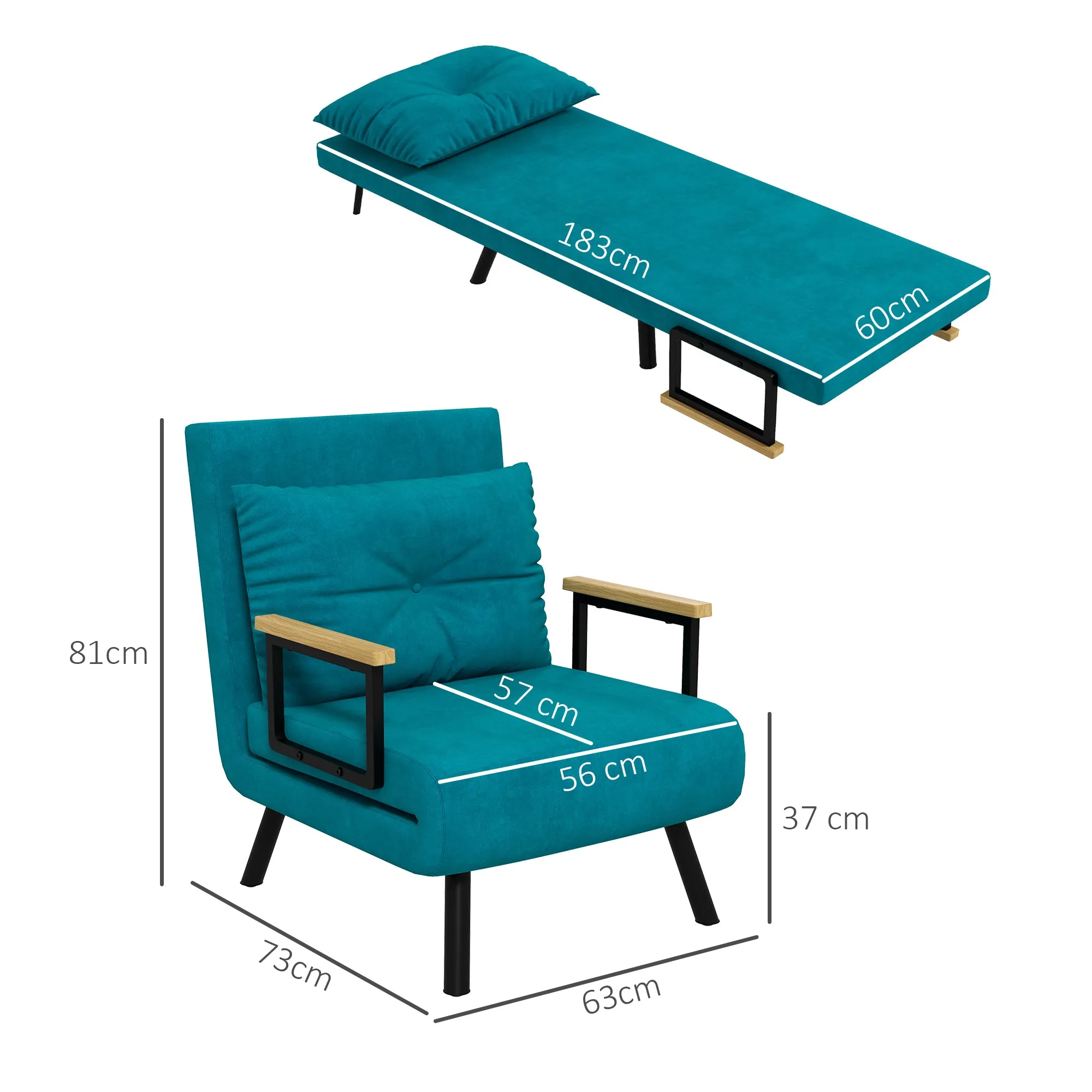 Velvet Turquoise 3 in 1 Sofa Bed with 5-Position Reclining Backrest and Cushion, 63x73x81 cm, Turquoise - Image 3
